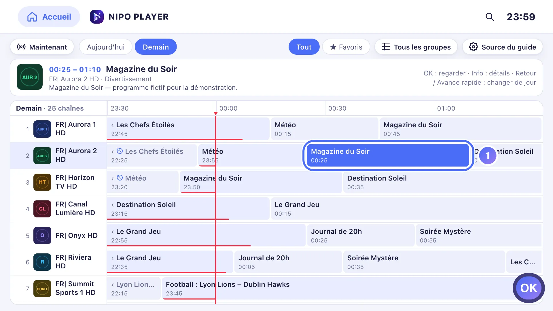 Guide TV, une case de programme à venir est sélectionnée