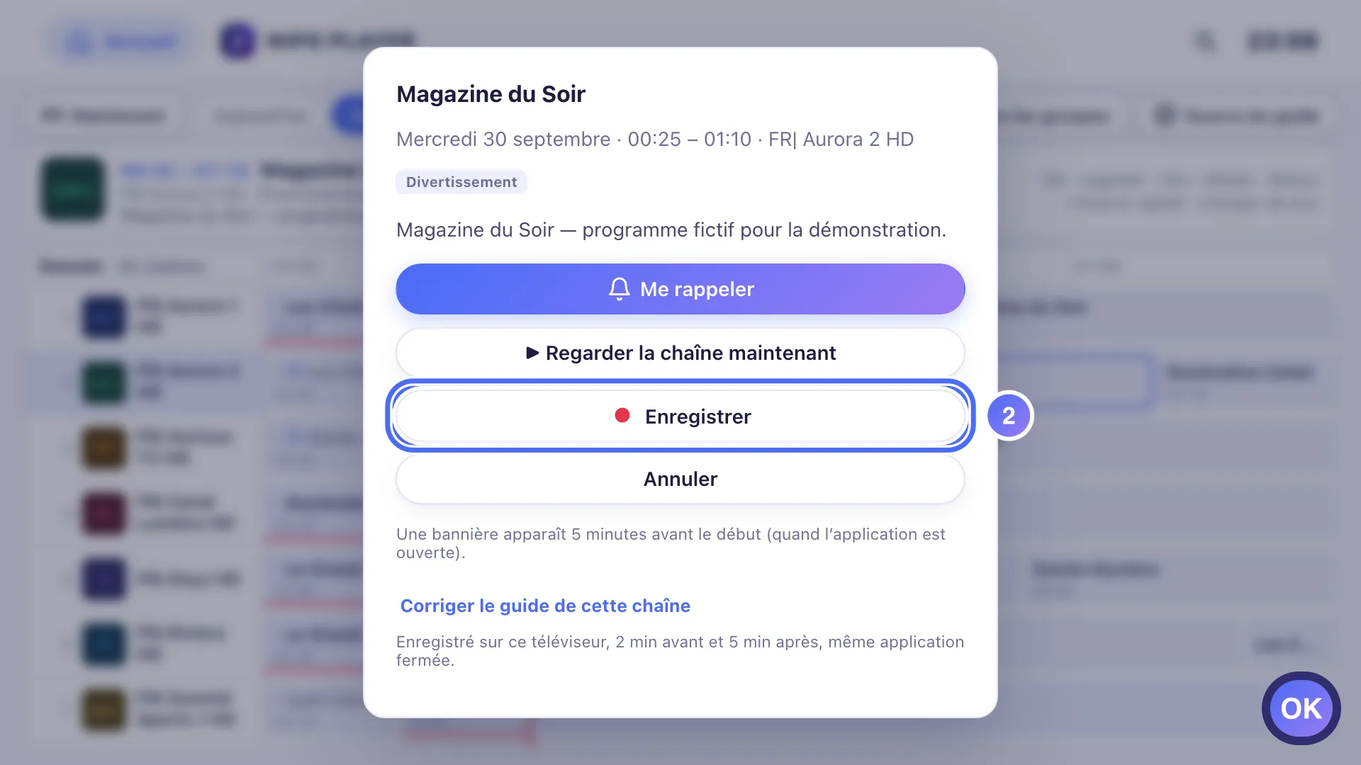 Fiche du programme, le bouton Enregistrer est sélectionné