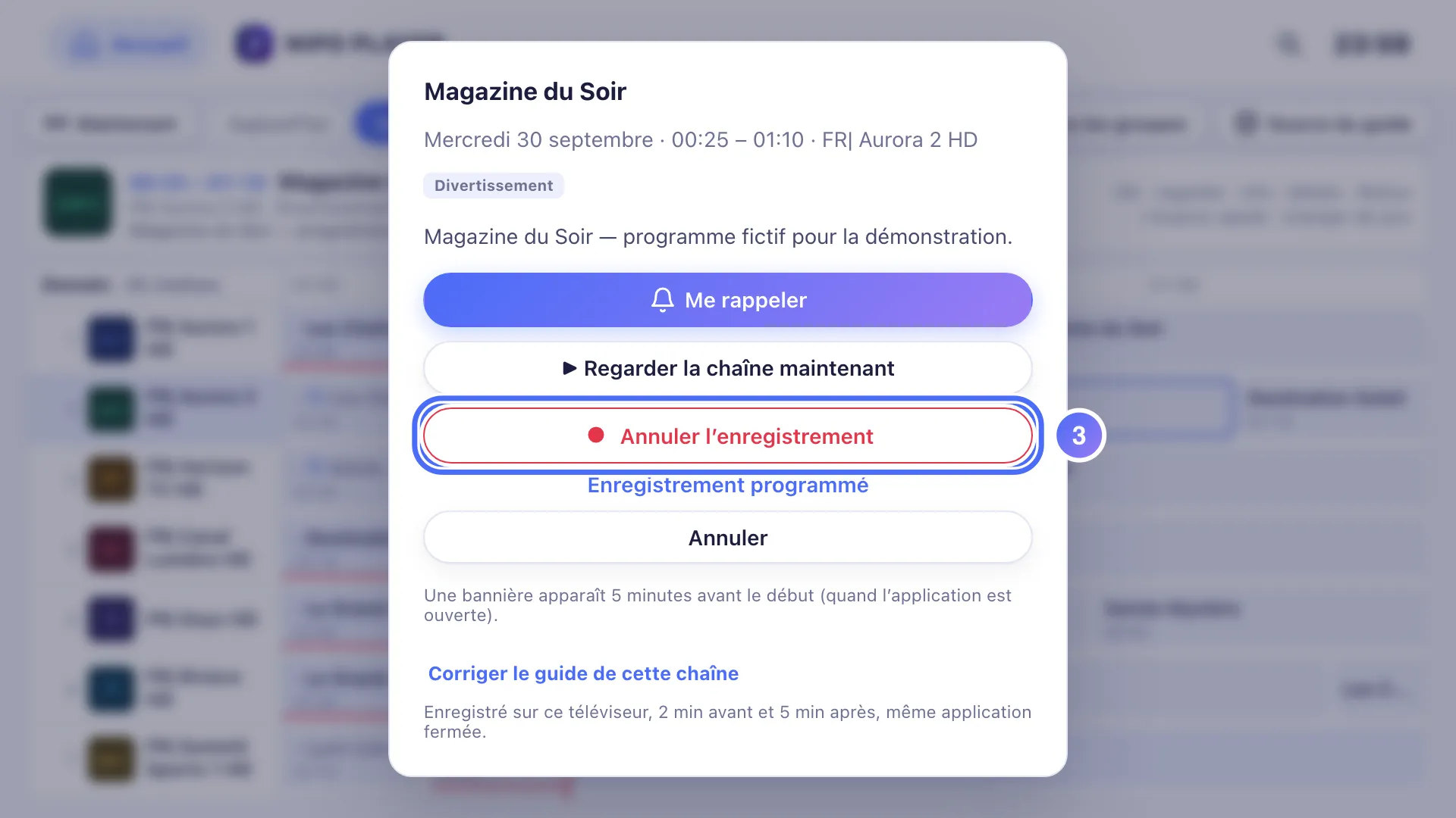 Fiche du programme, l’enregistrement est programmé