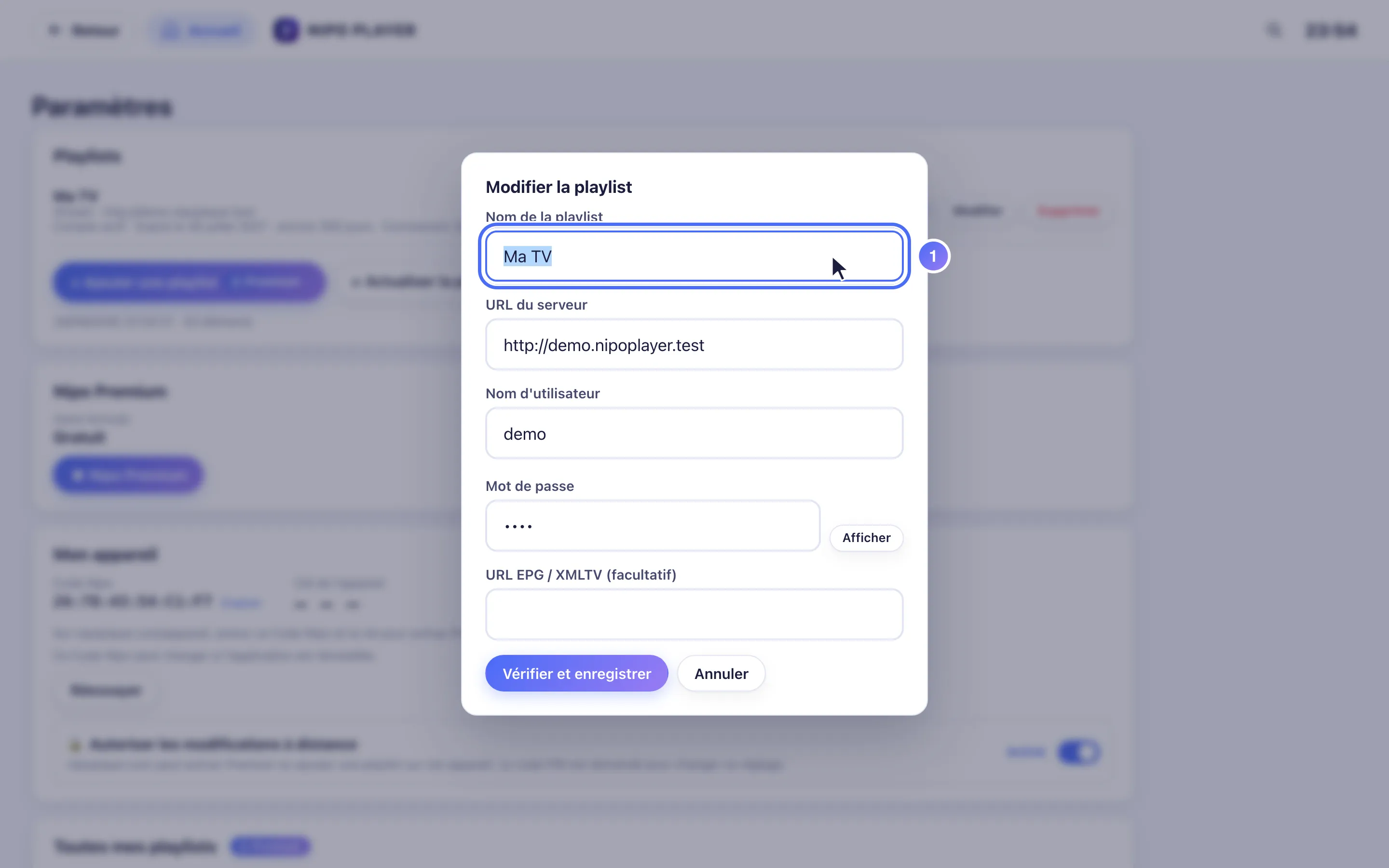 Formulaire de connexion, l’adresse du serveur sélectionnée dans le champ