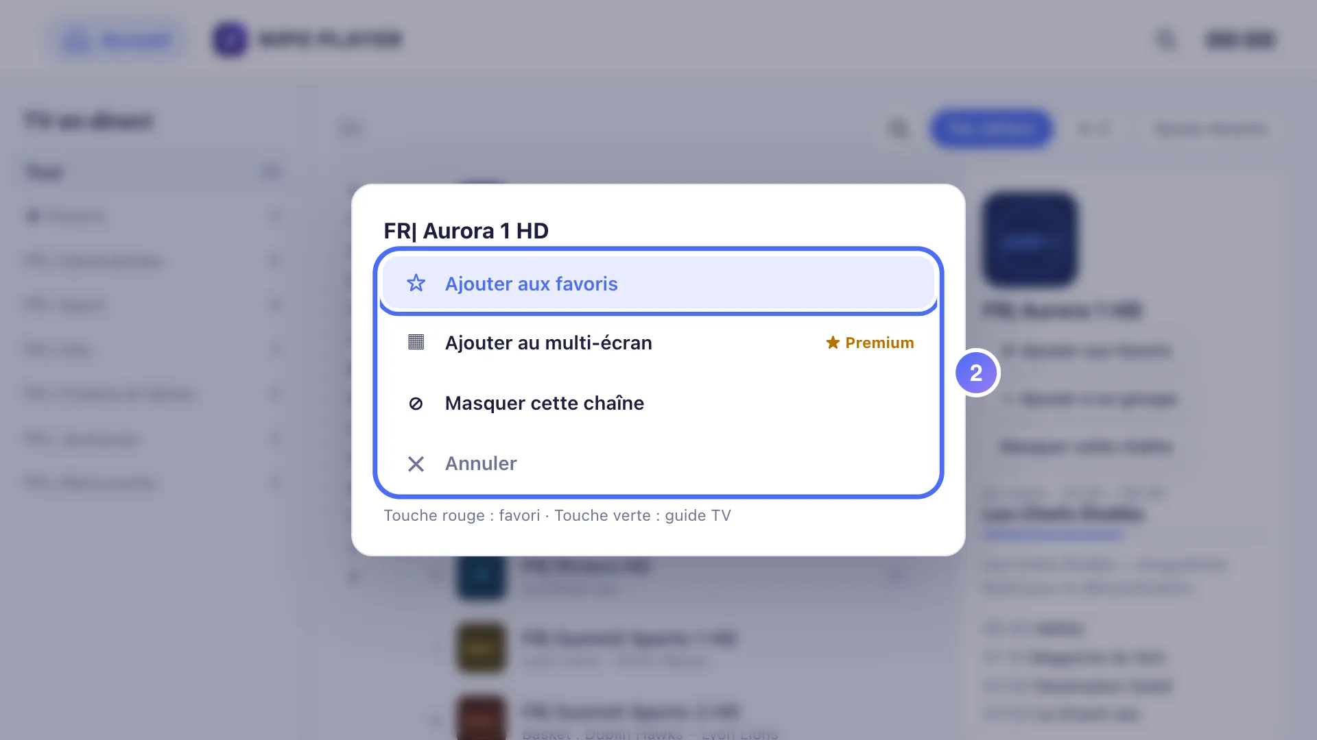 Menu rapide ouvert sur une chaîne