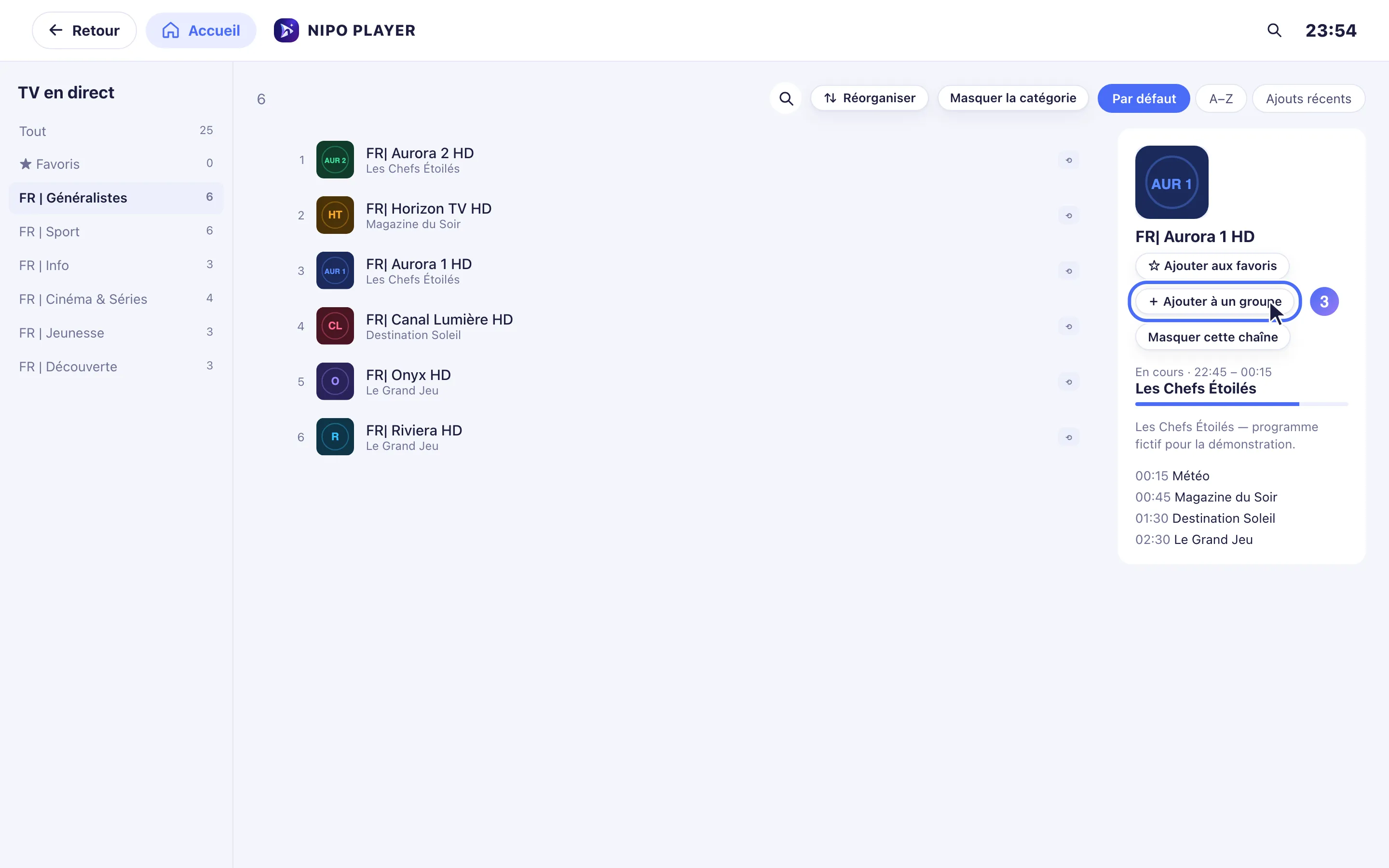 Liste des chaînes, le bouton Ajouter à un groupe