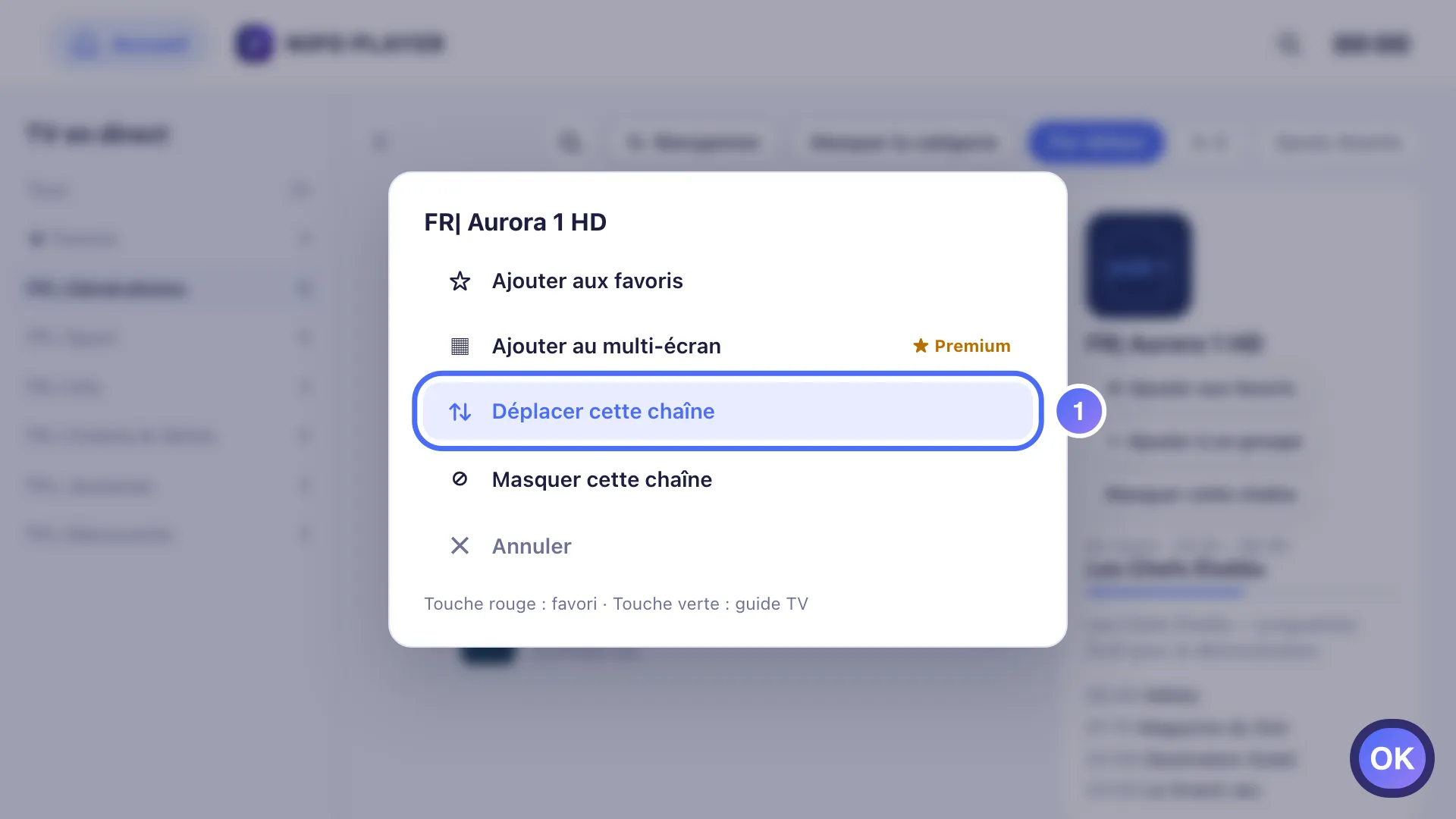 Menu rapide sur une chaîne, Déplacer cette chaîne est sélectionné