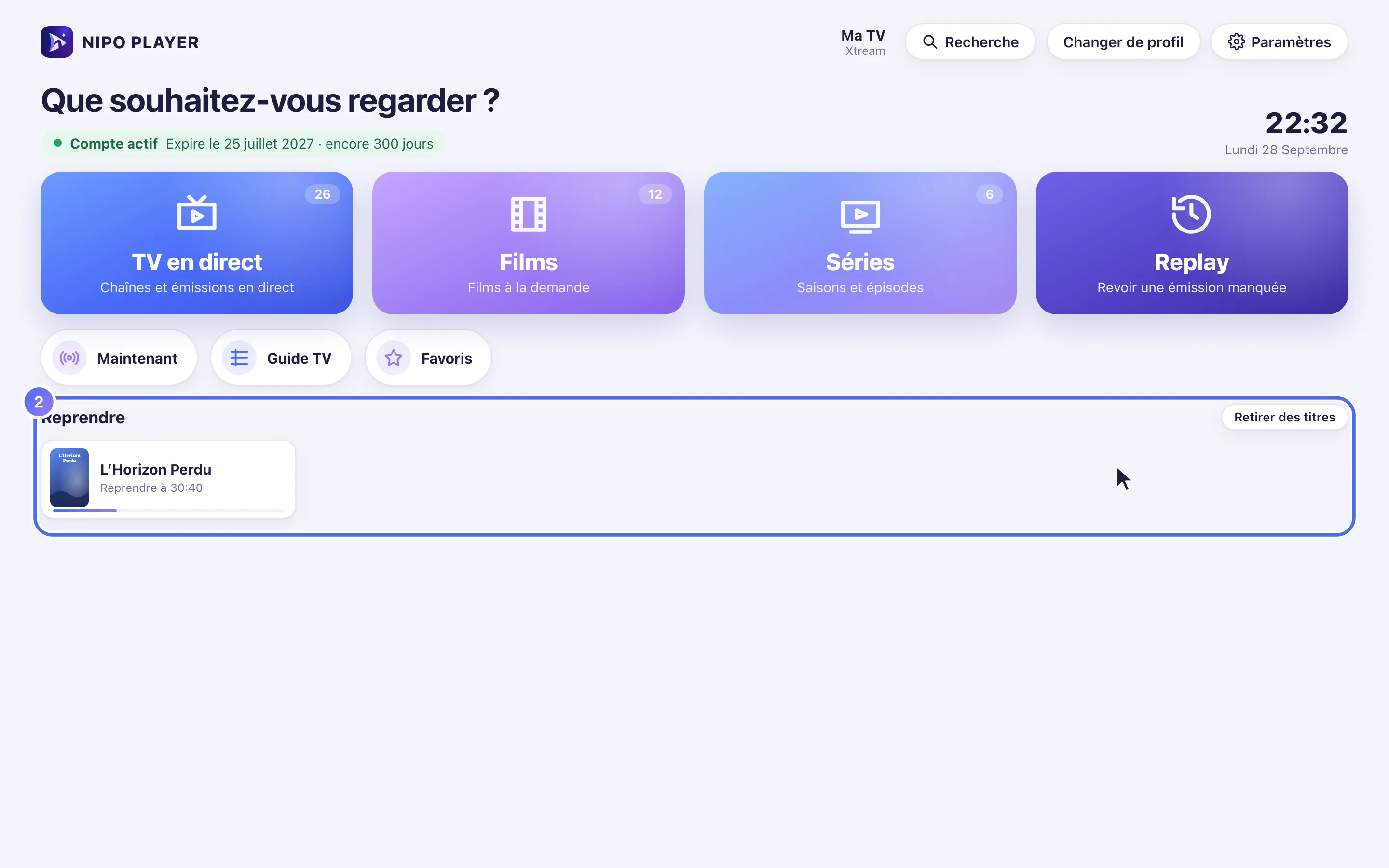 Accueil de Nipo Player avec la ligne Reprendre