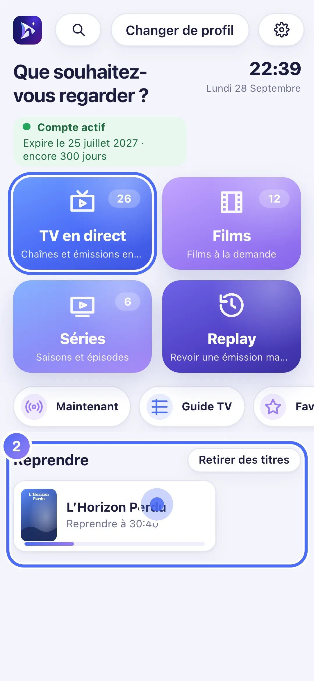 Accueil de Nipo Player avec la ligne Reprendre