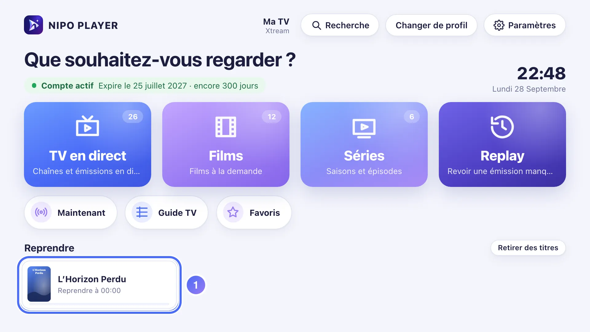 Accueil de Nipo Player, la rangée Reprendre avec un titre en cours