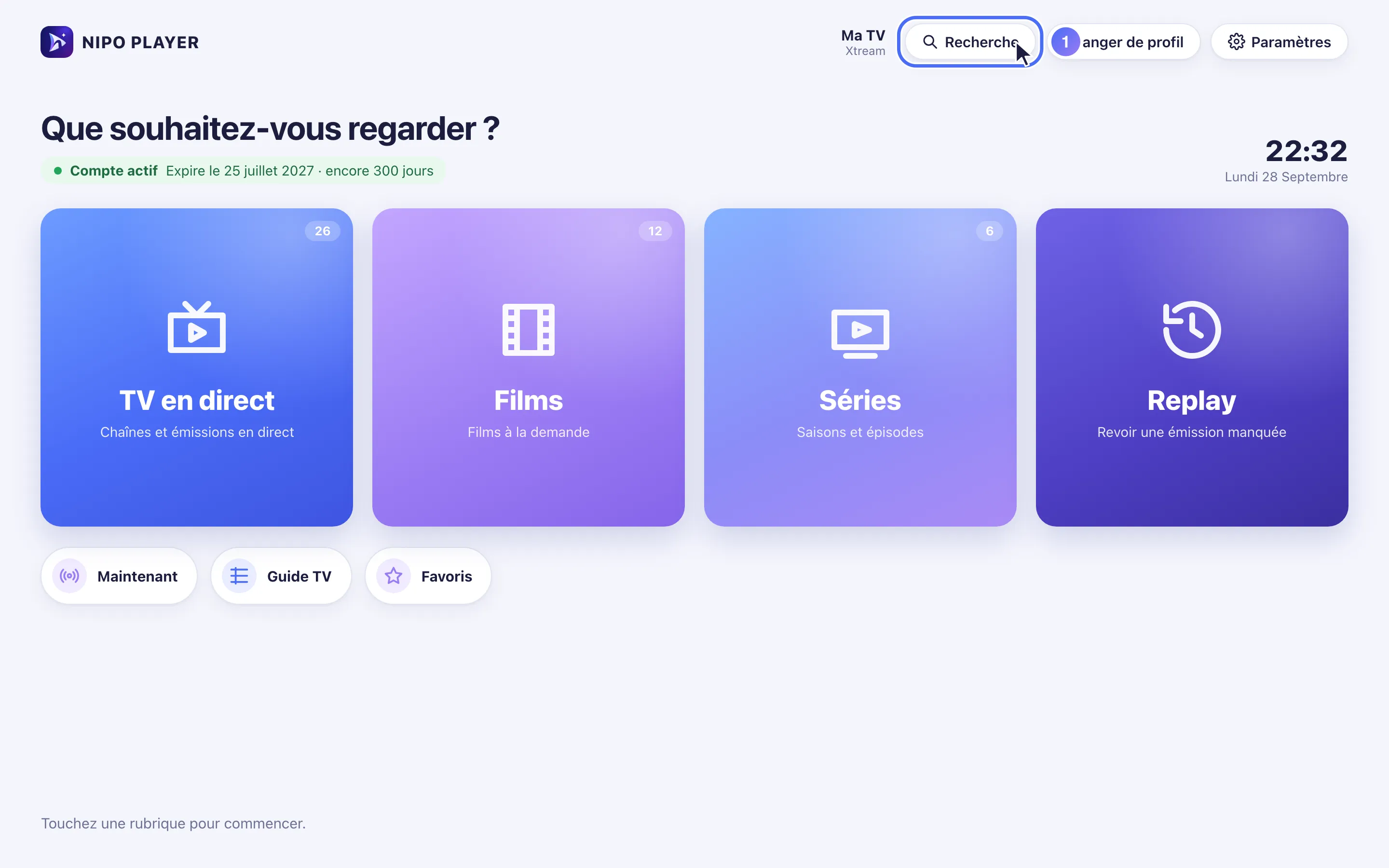 Accueil de Nipo Player avec l’icône Recherche
