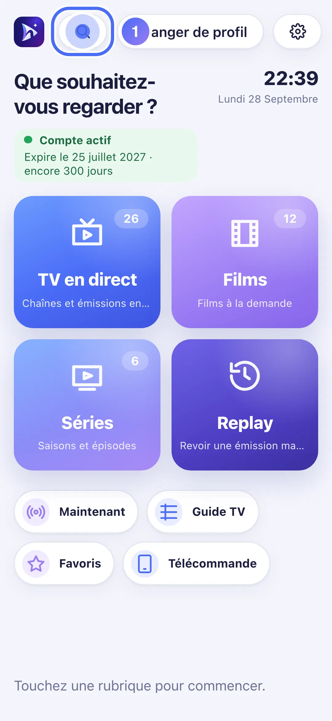 Accueil de Nipo Player avec l’icône Recherche