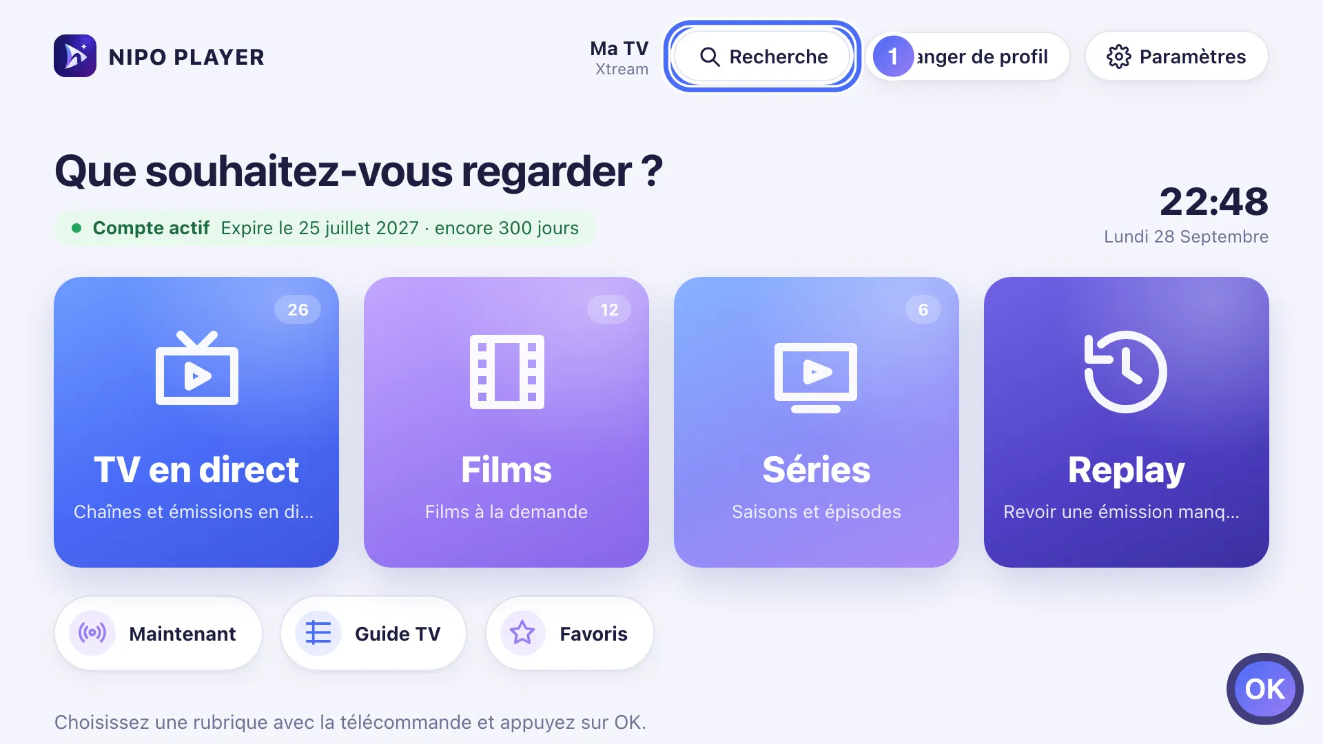 Accueil de Nipo Player, le bouton Recherche est sélectionné