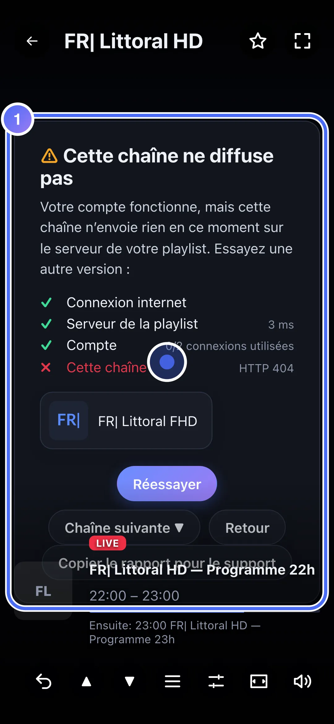 Panneau de diagnostic affiché après un problème de lecture