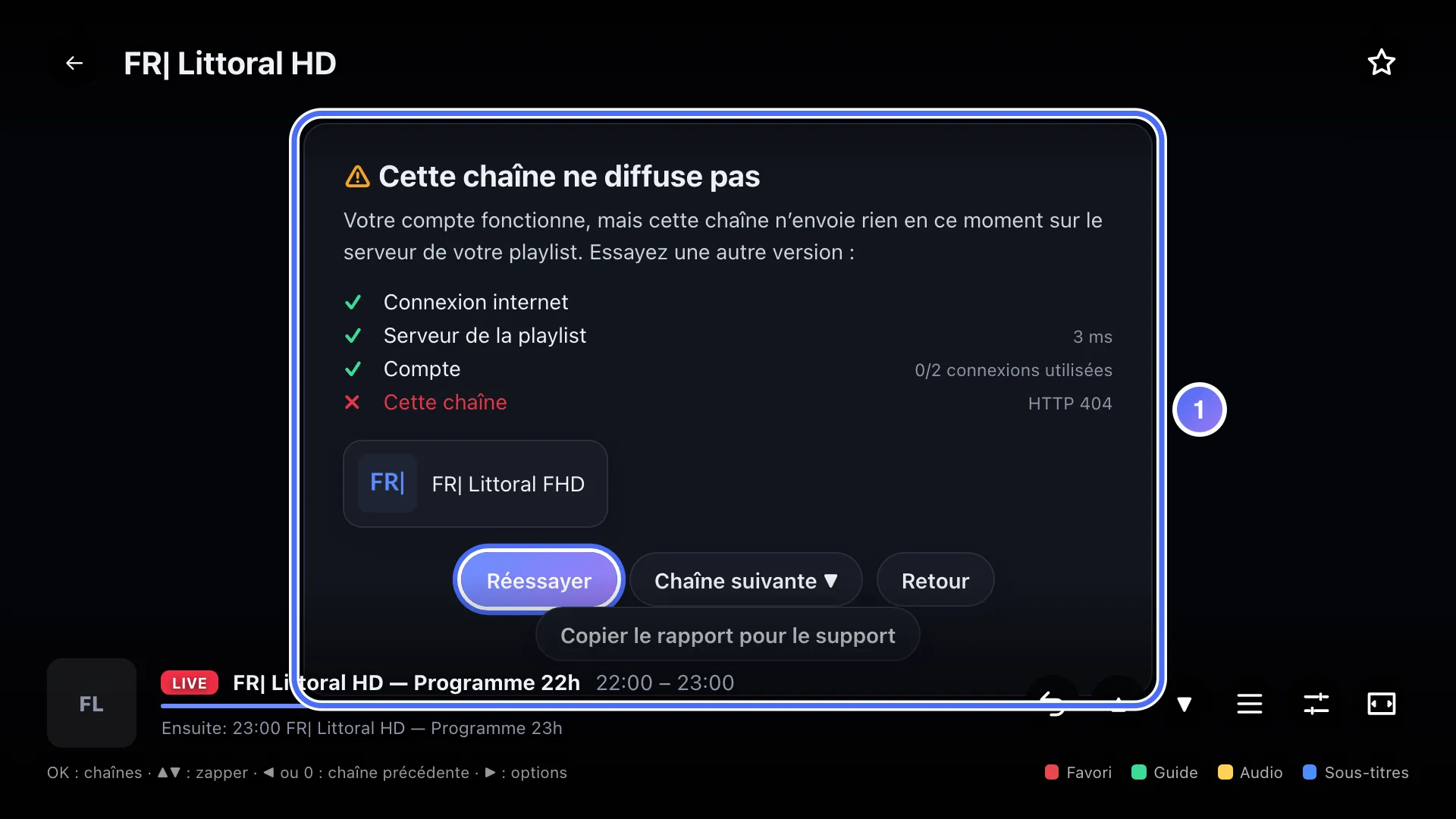 Panneau de diagnostic affiché après un problème de lecture