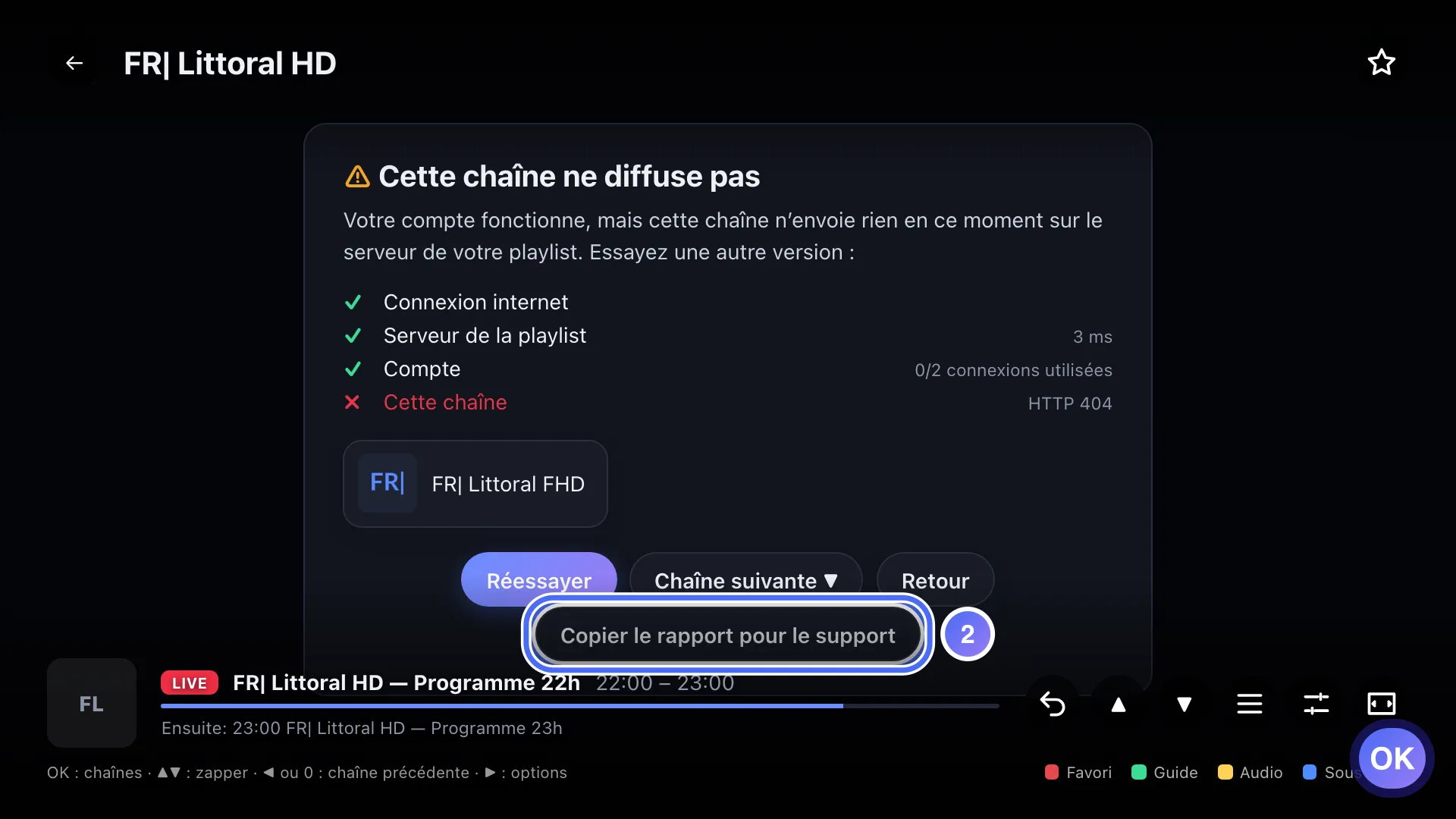 Panneau de diagnostic, bouton Copier le rapport pour le support sélectionné