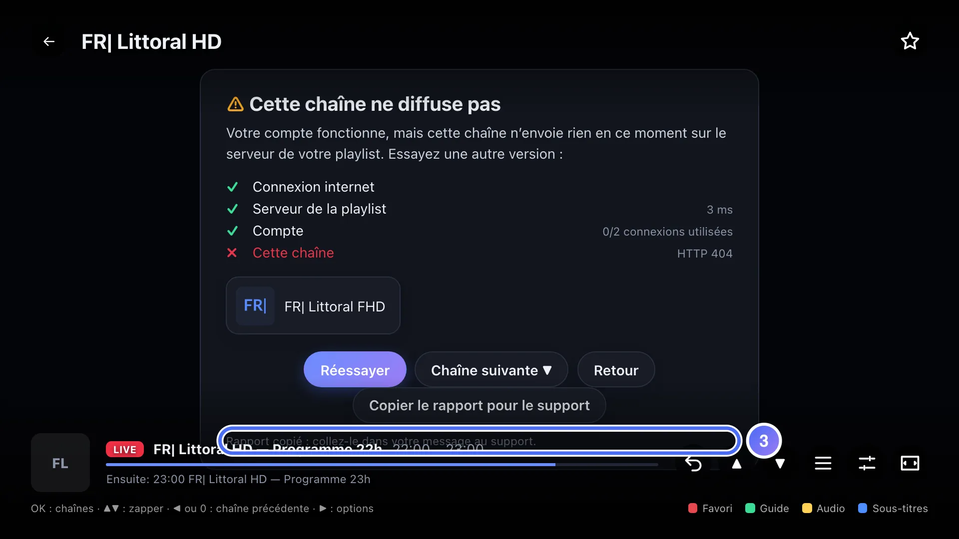 Panneau de diagnostic, confirmation Rapport copié