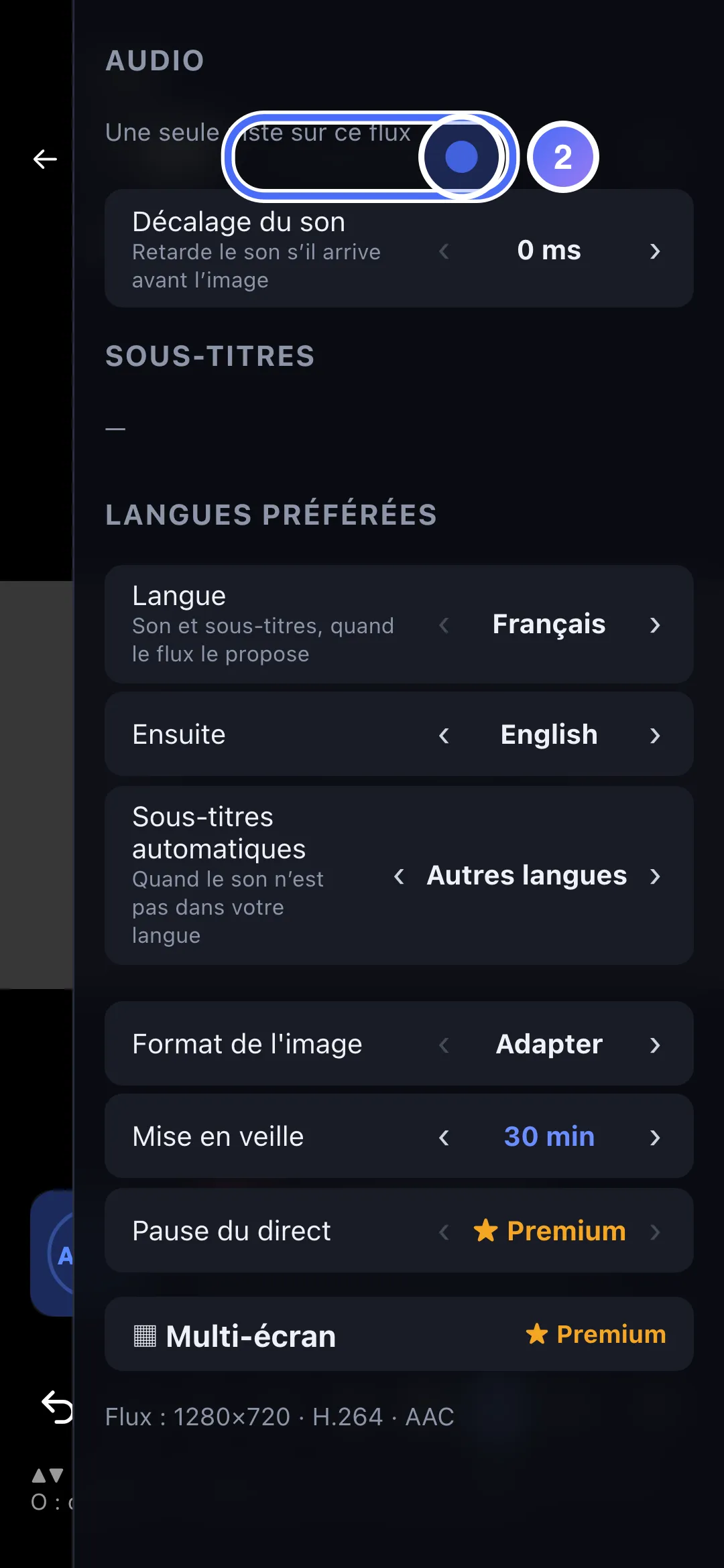 Lecteur en direct, le repère de mise en veille visible