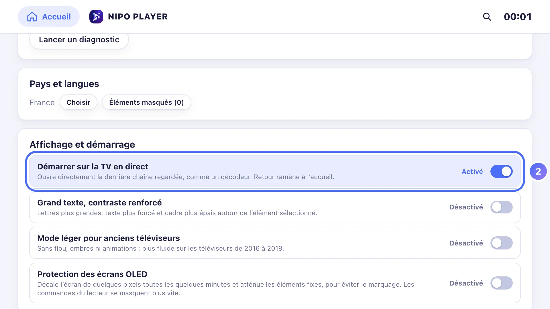 Réglages, le réglage Démarrer sur la TV en direct activé