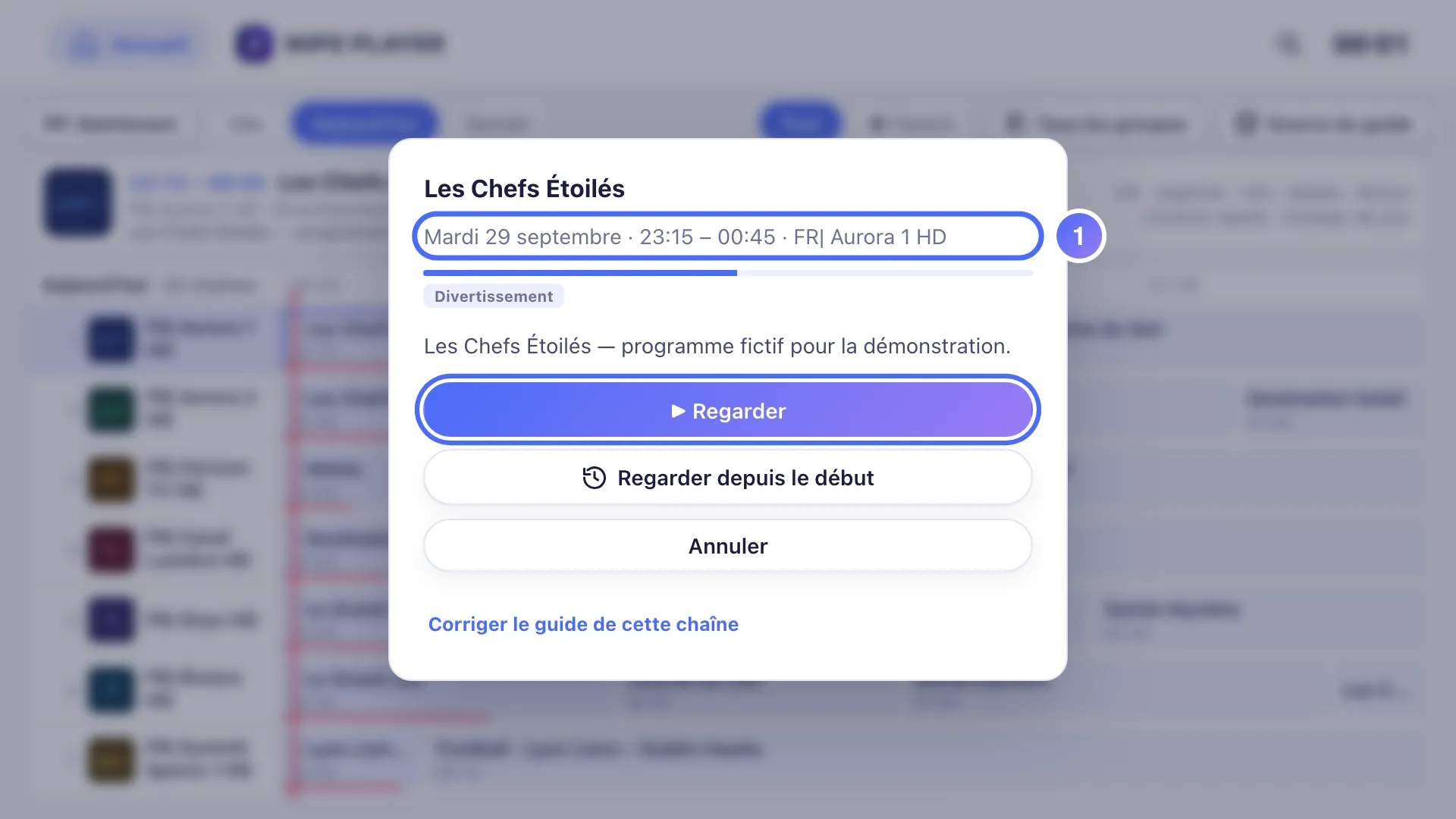 Fiche d’un programme en direct dans le guide TV