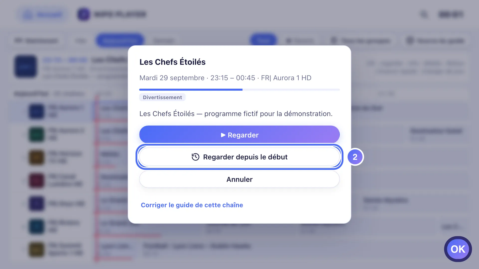 Fiche du programme, le bouton Regarder depuis le début est sélectionné