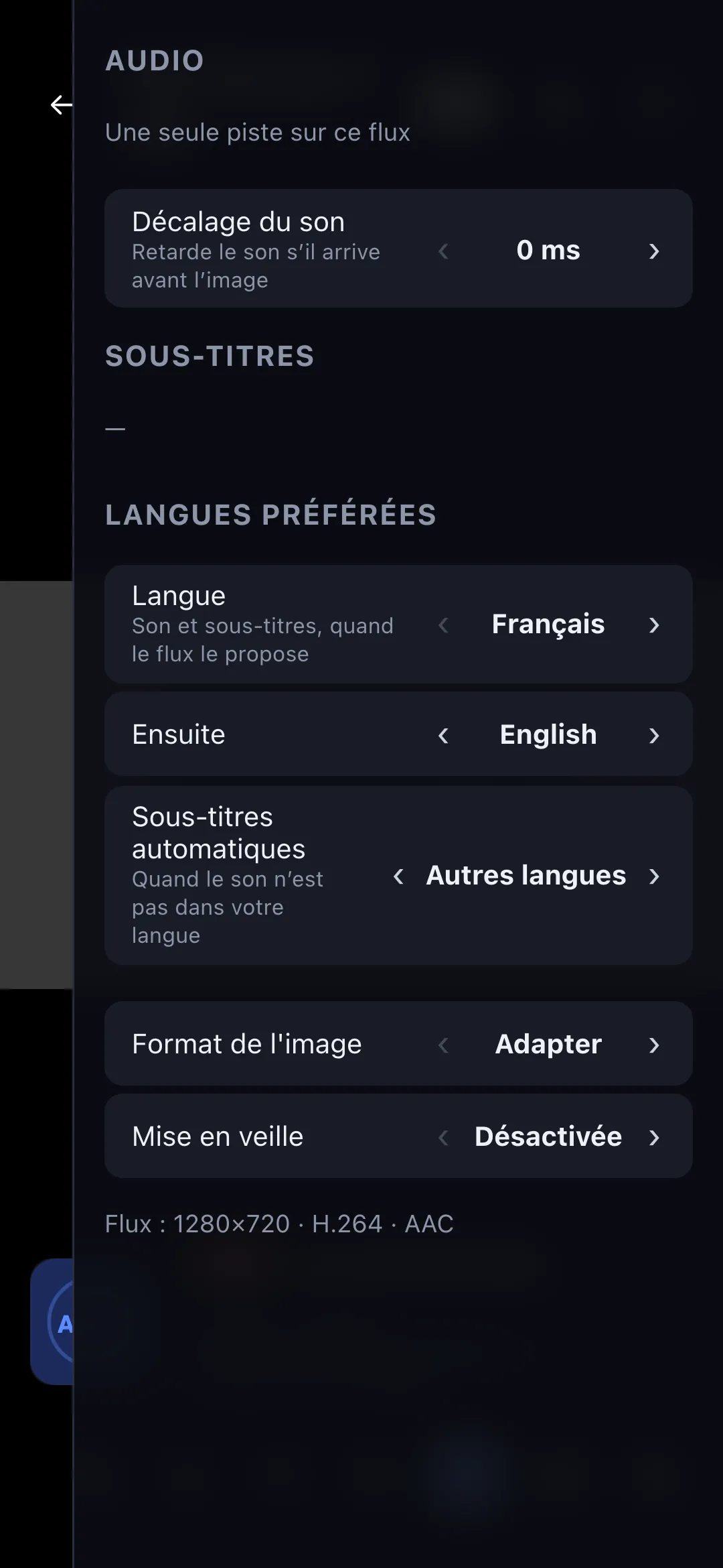 Panneau Audio, sous-titres et format ouvert