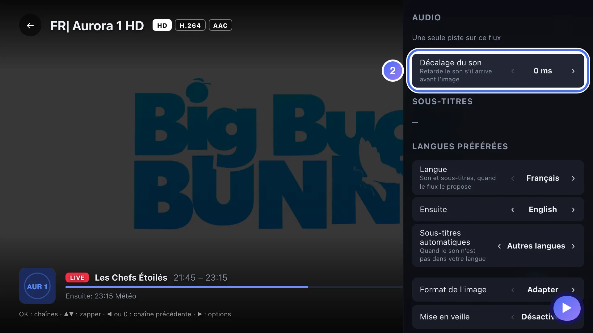 Panneau Audio, sous-titres et format, la ligne Décalage du son est sélectionnée