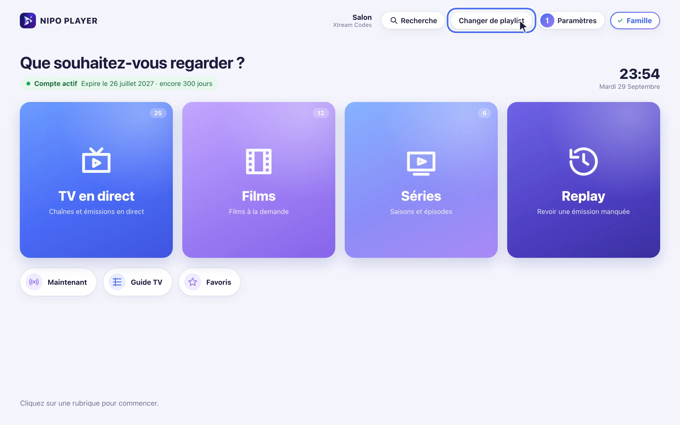 Accueil de Nipo Player, le bouton Changer de playlist