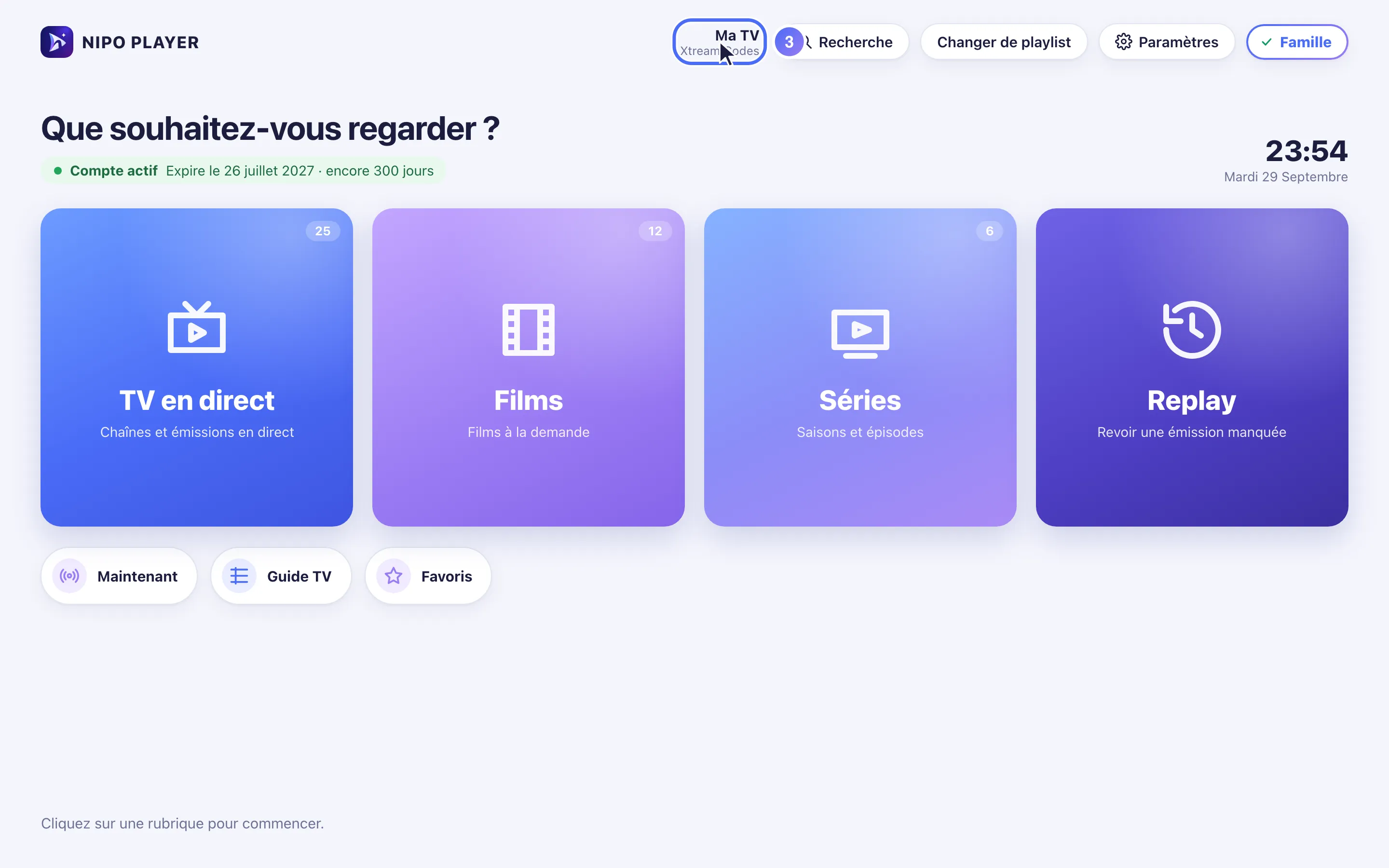 Accueil de Nipo Player, la nouvelle playlist est active
