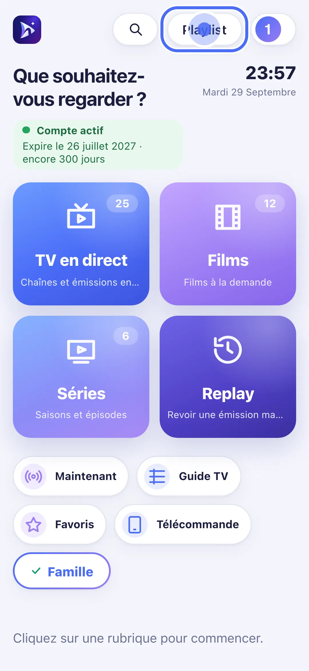 Accueil de Nipo Player sur téléphone, le bouton playlist en haut