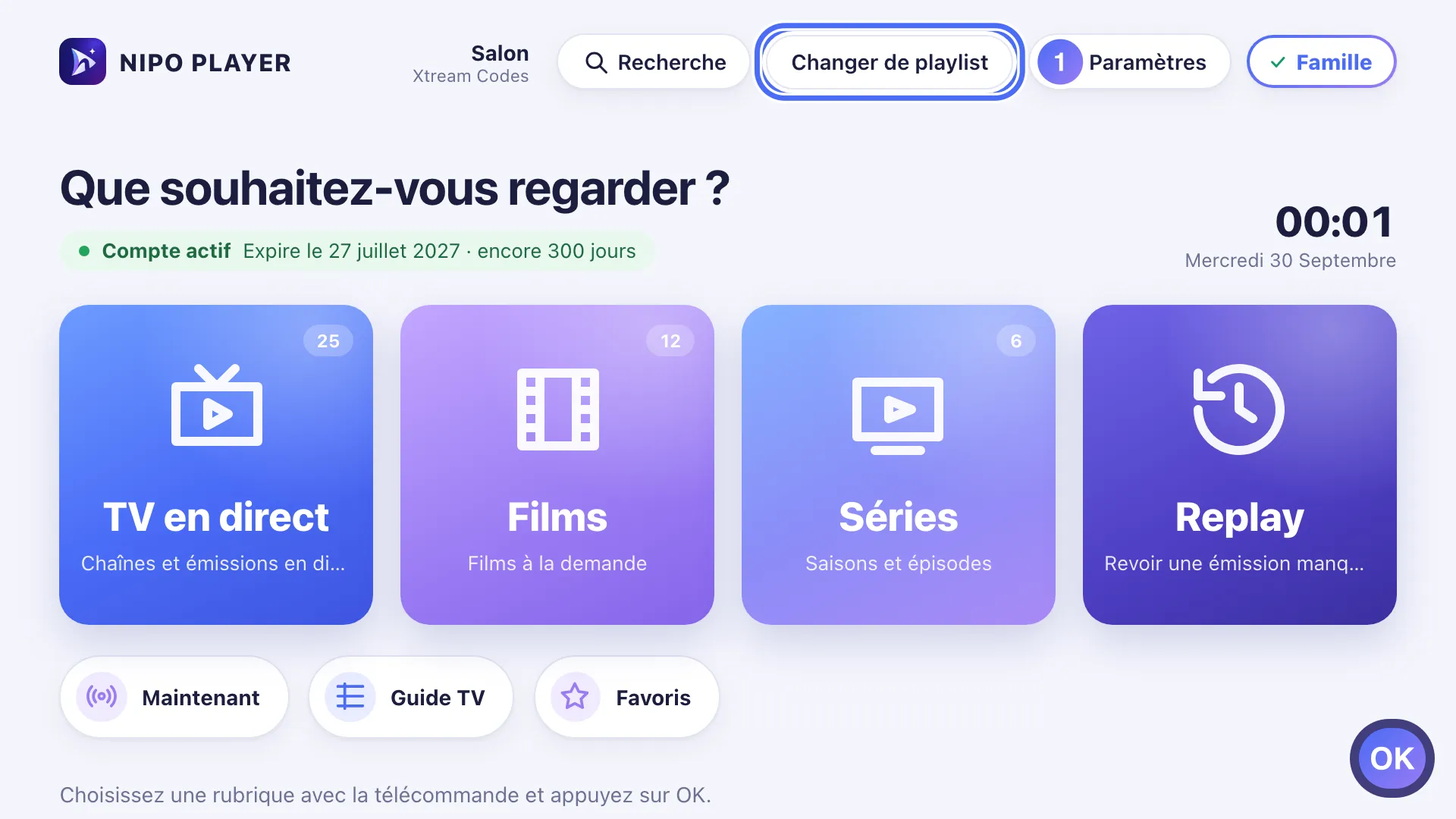 Accueil de Nipo Player, le bouton Changer de playlist est sélectionné