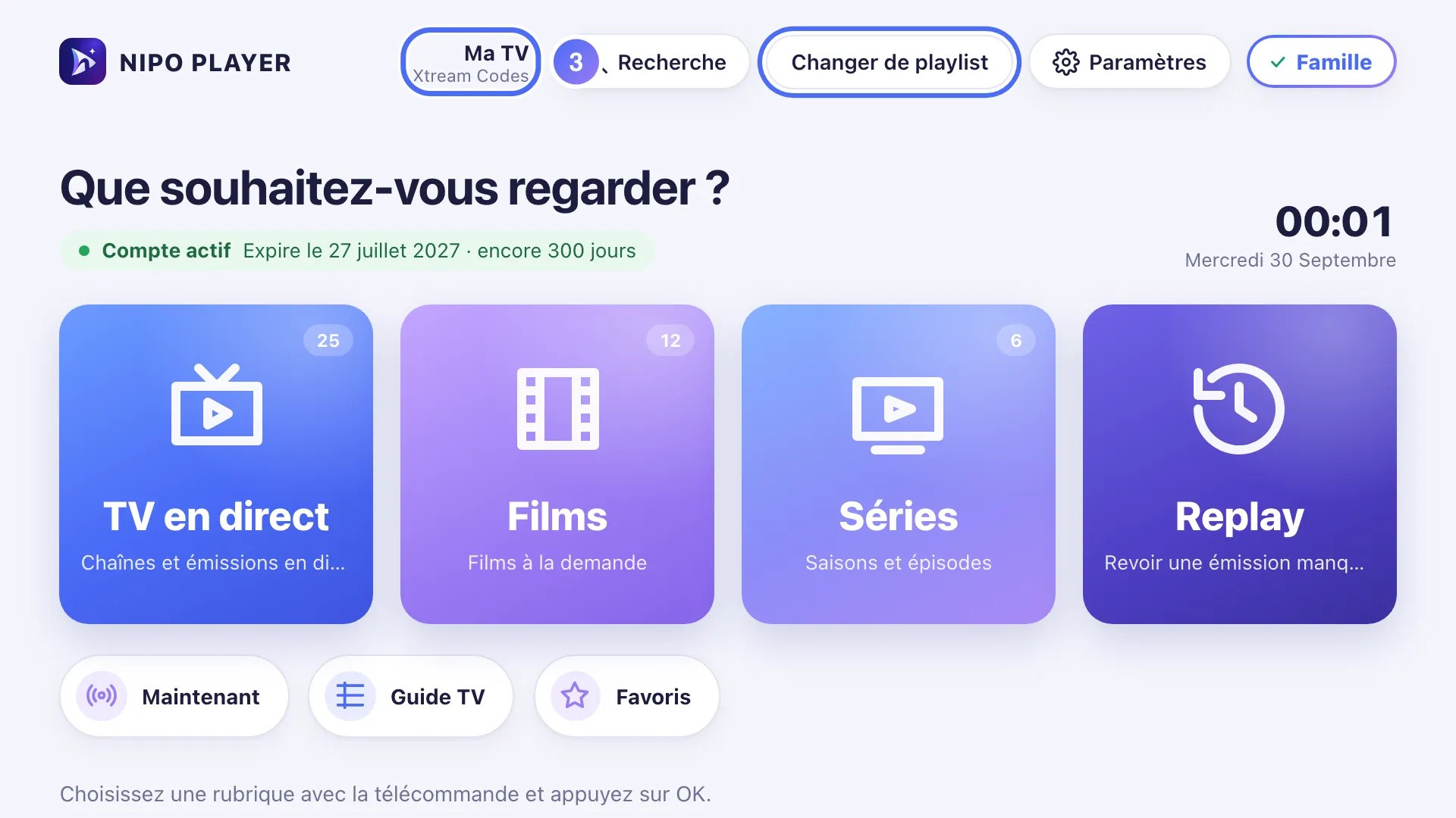 Accueil de Nipo Player, la nouvelle playlist est active