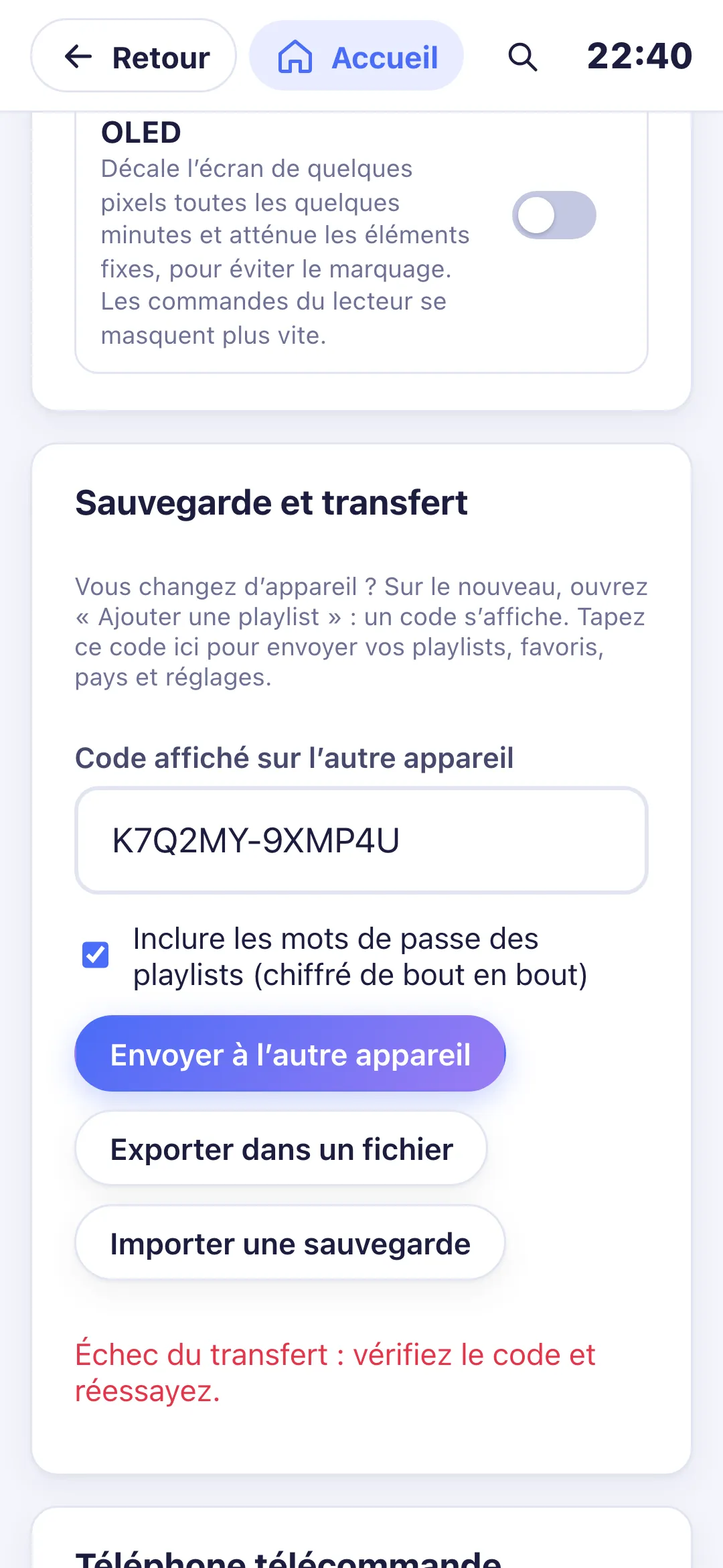 Message d’envoi en cours vers l’autre appareil