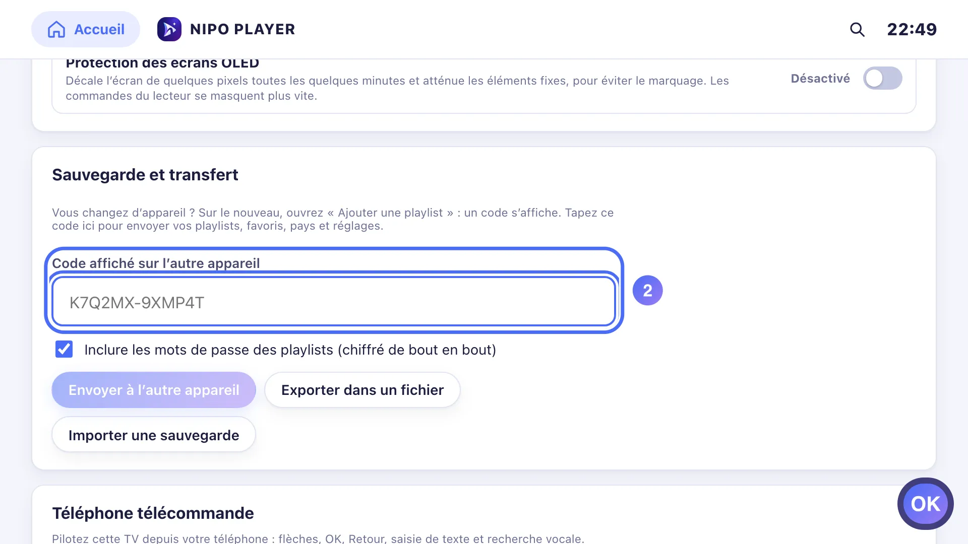 Réglages, groupe Sauvegarde et transfert, le champ du code est sélectionné