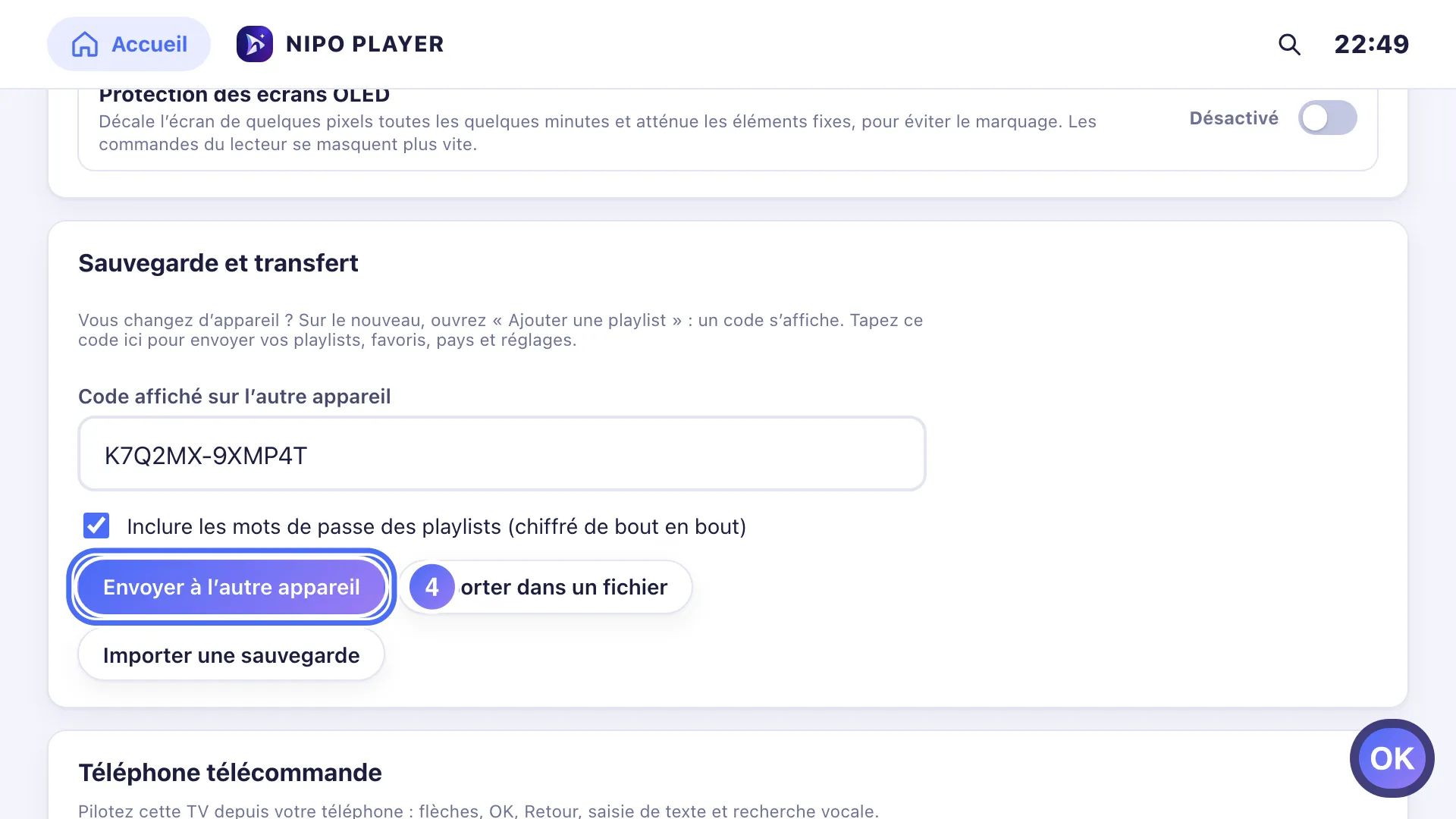 Réglages, le bouton Envoyer à l’autre appareil est sélectionné
