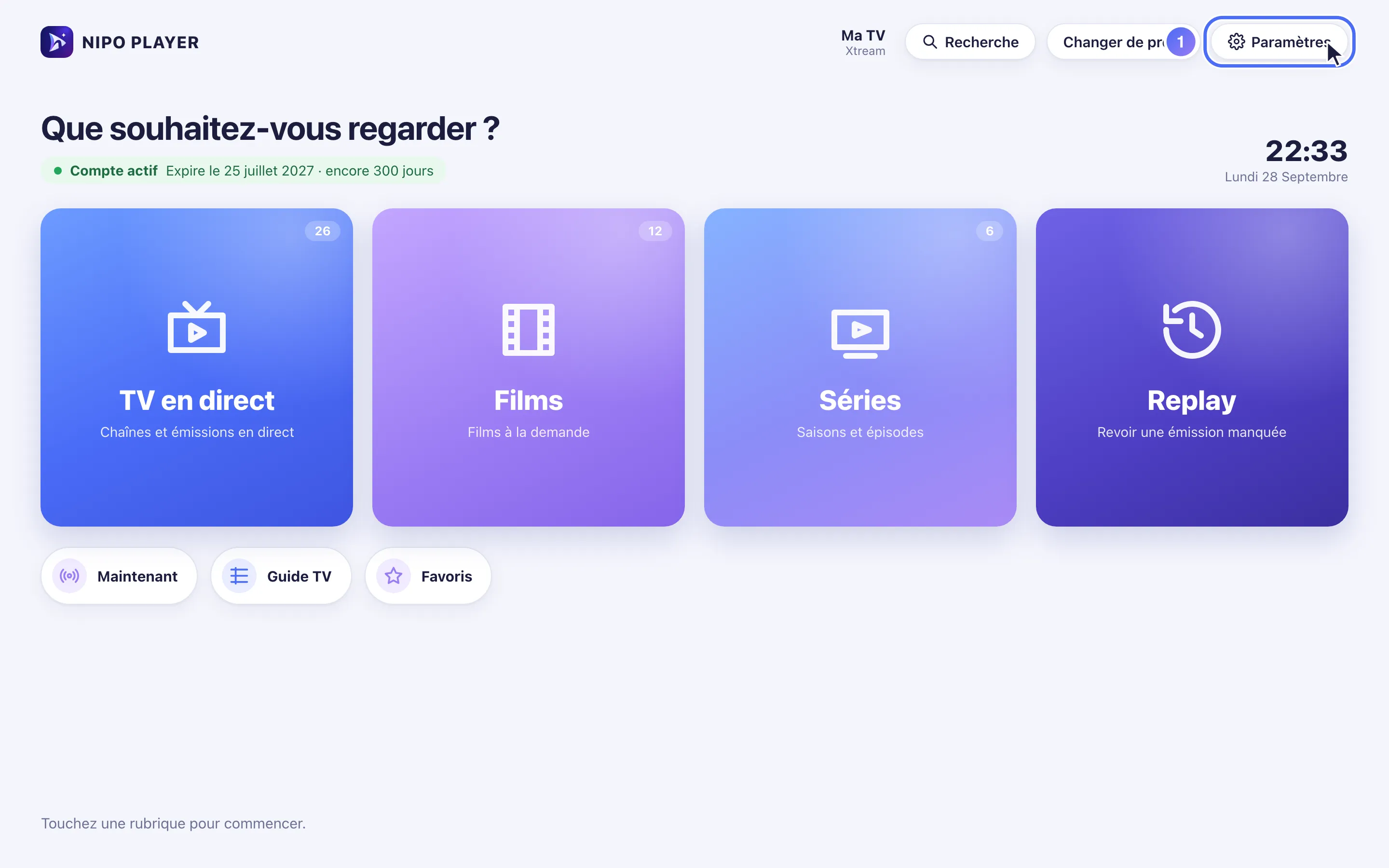 Accueil de Nipo Player avec le bouton Paramètres
