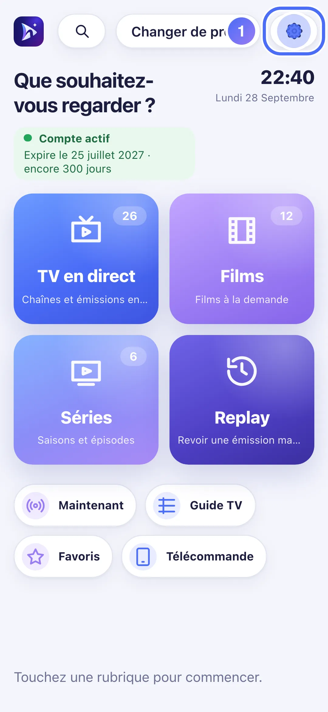 Accueil de Nipo Player avec le bouton Paramètres