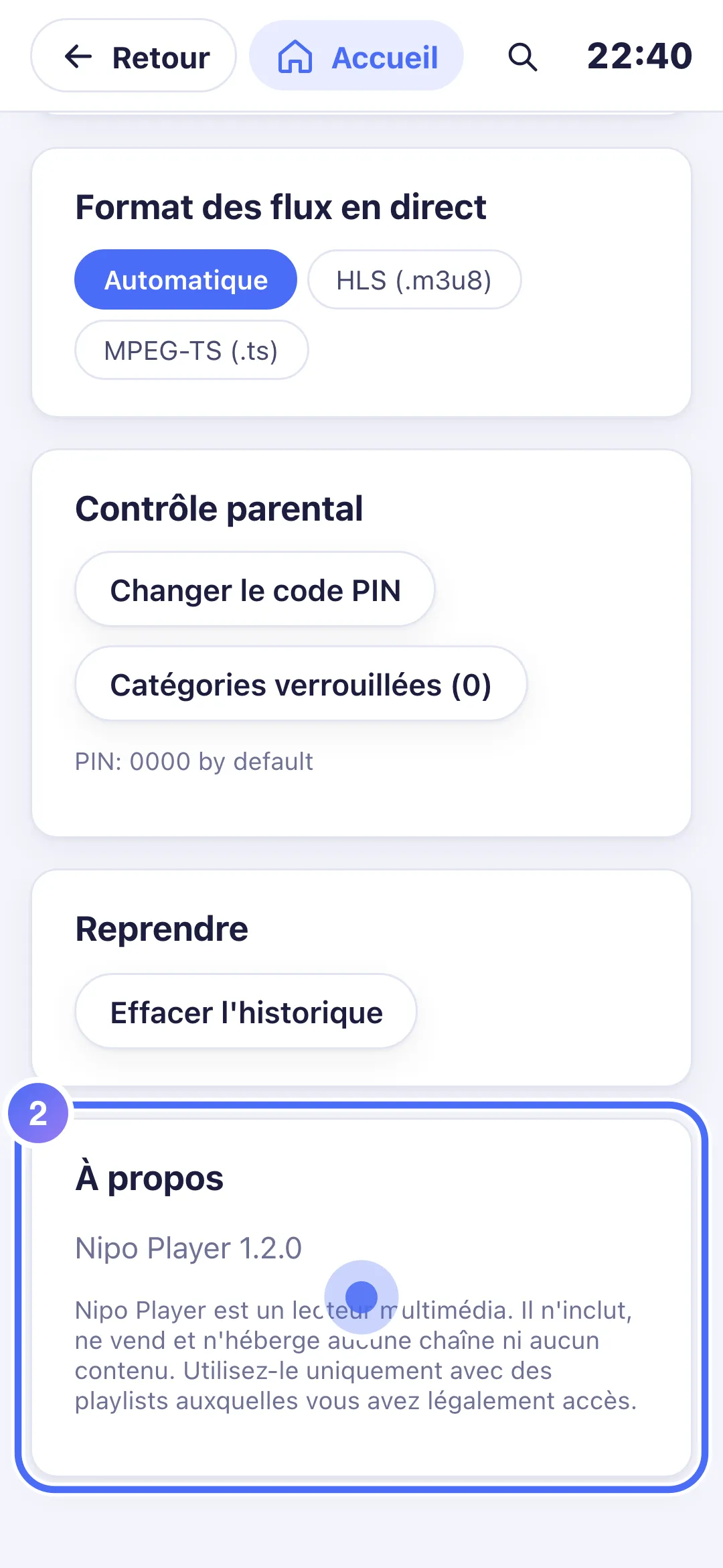 Réglages, groupe À propos avec le numéro de version