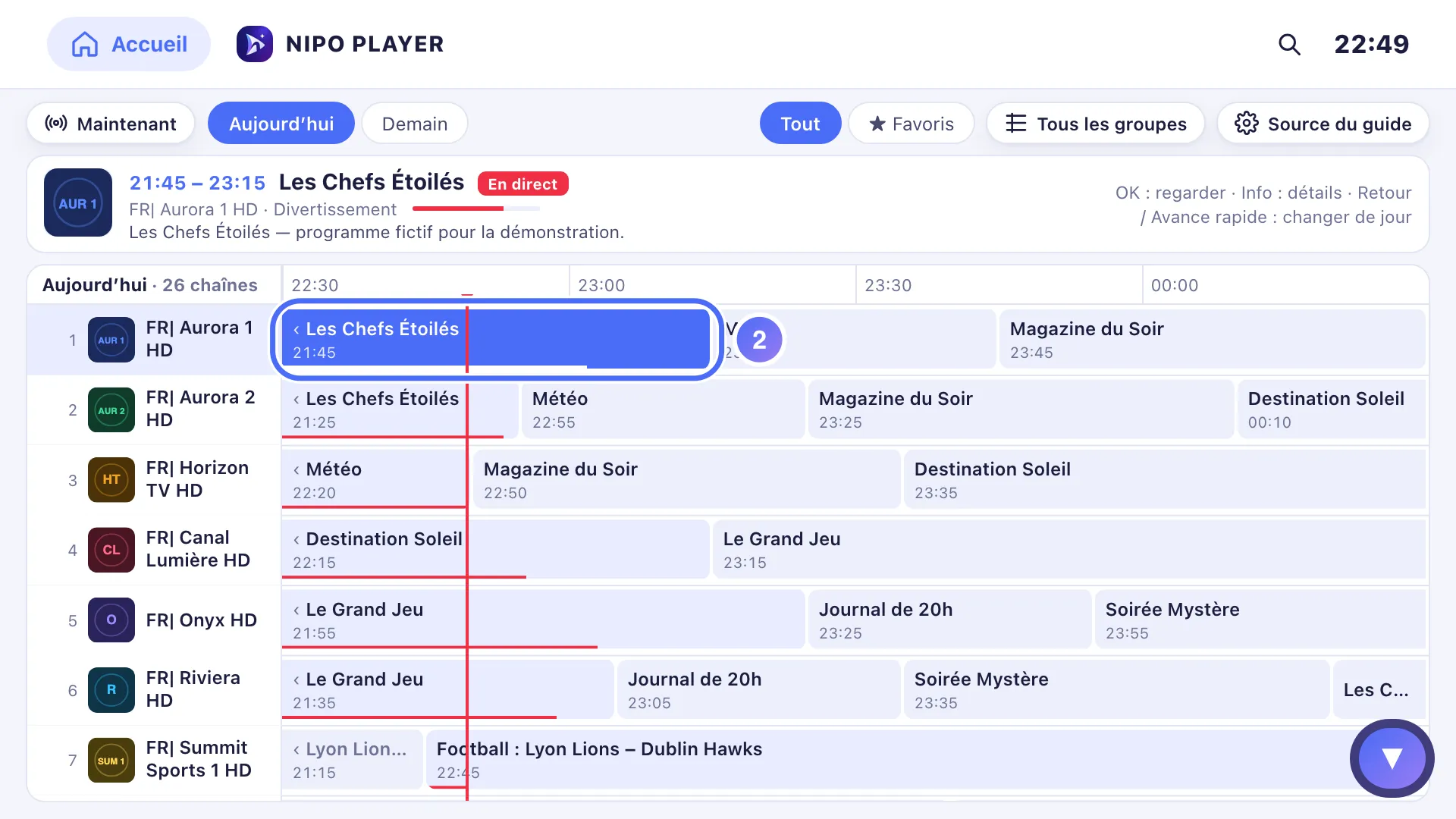 Guide TV, grille des chaînes et des horaires, une case en surbrillance