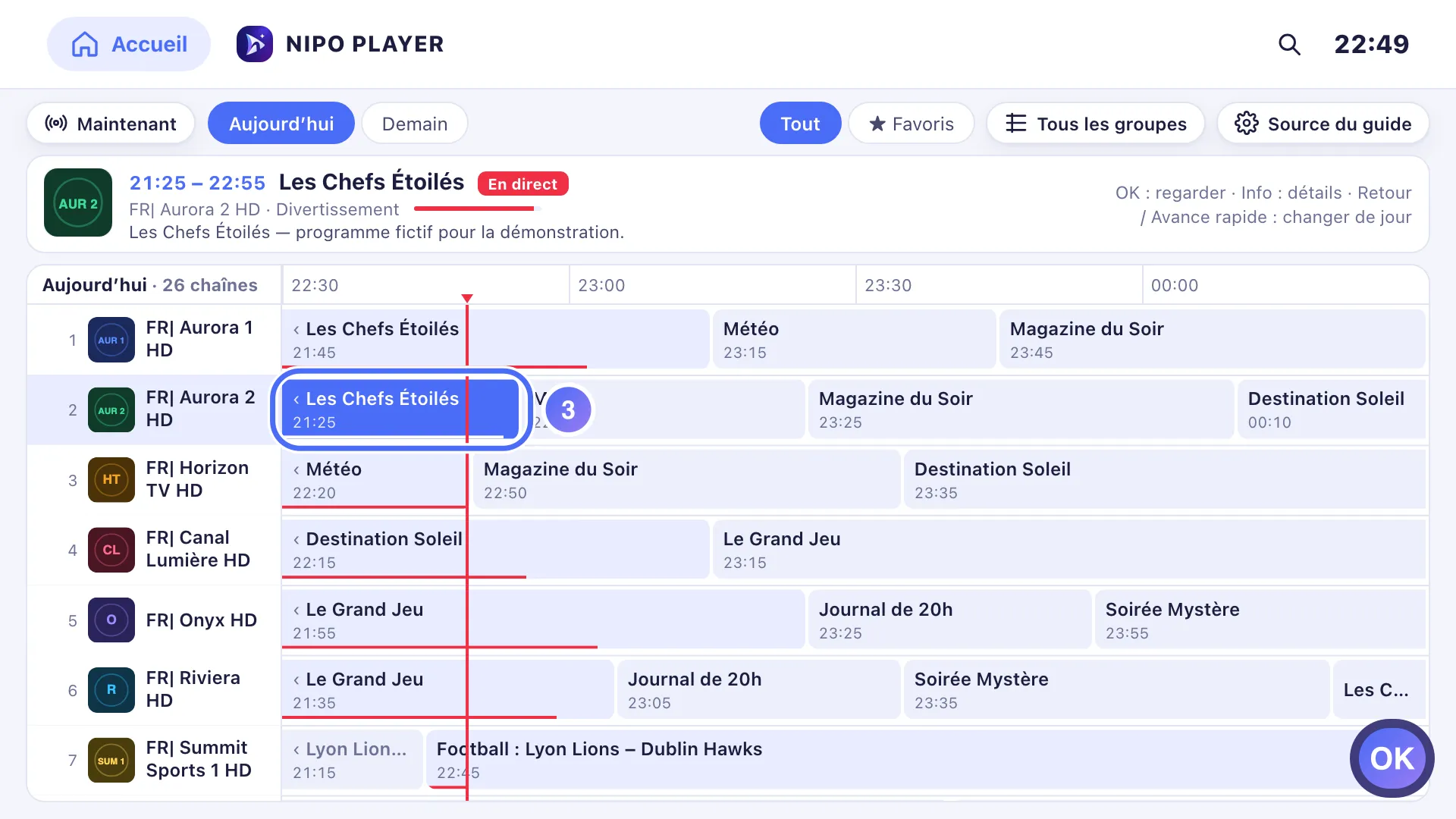 Guide TV, une autre case de programme en surbrillance
