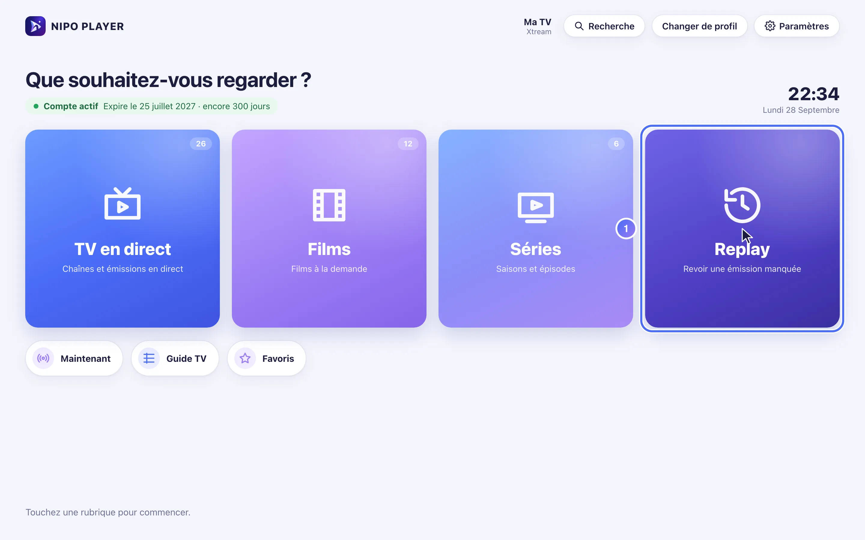 Accueil de Nipo Player avec la case Replay