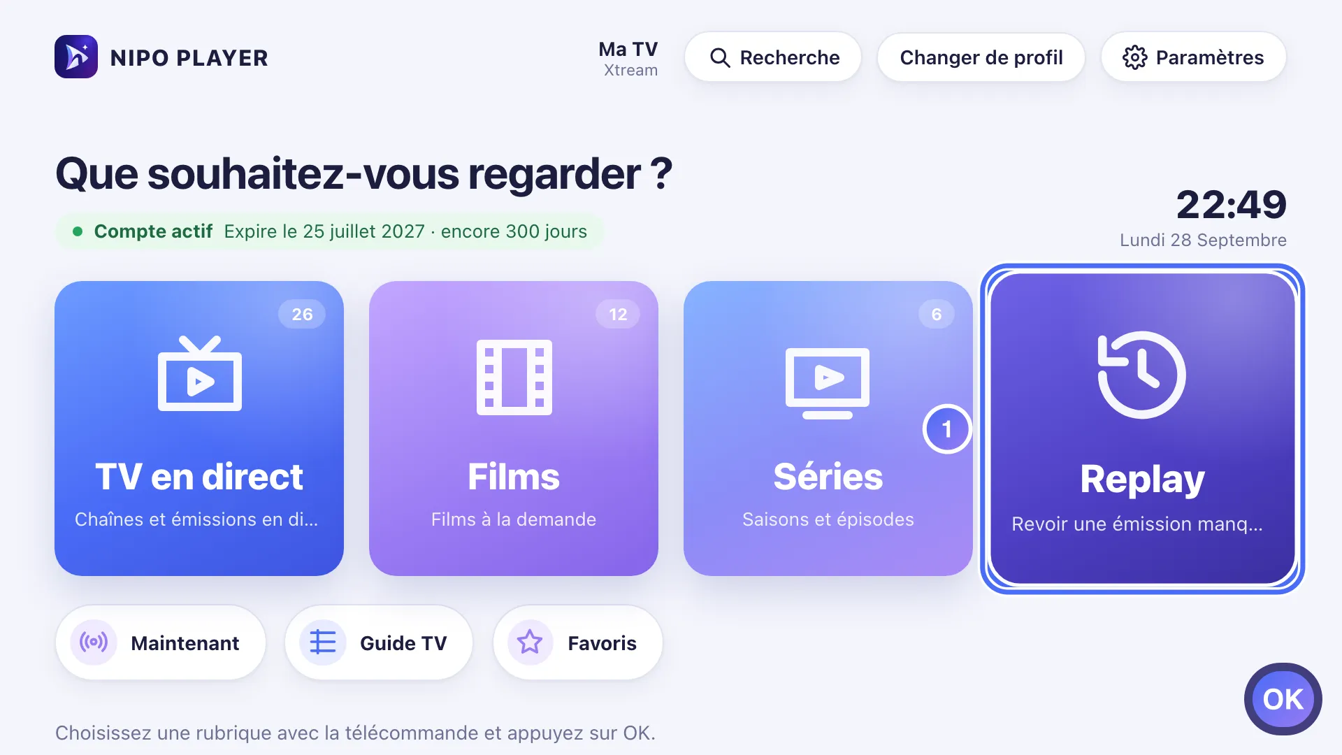 Accueil de Nipo Player, la porte Replay est sélectionnée