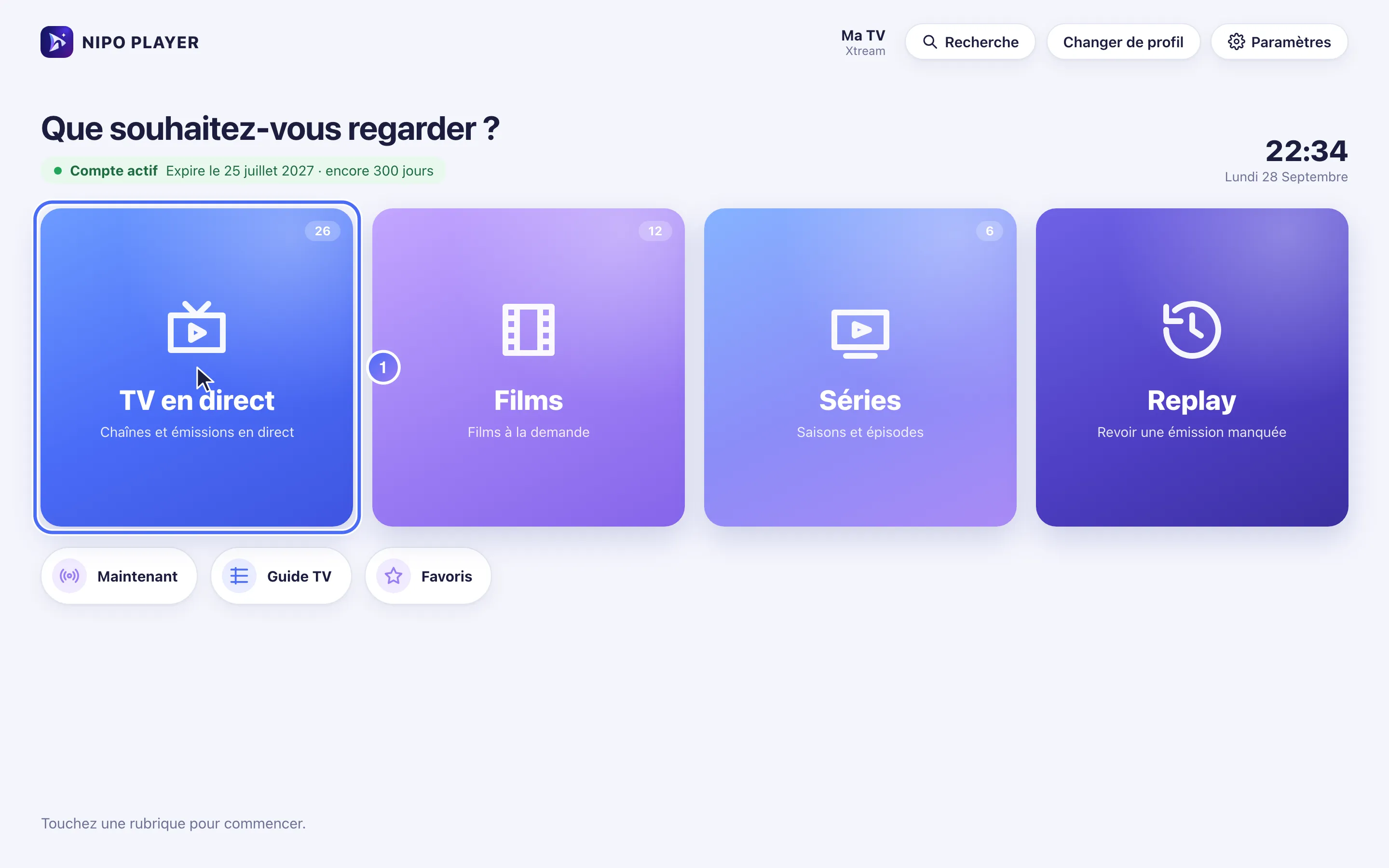 Accueil de Nipo Player avec la case TV en direct