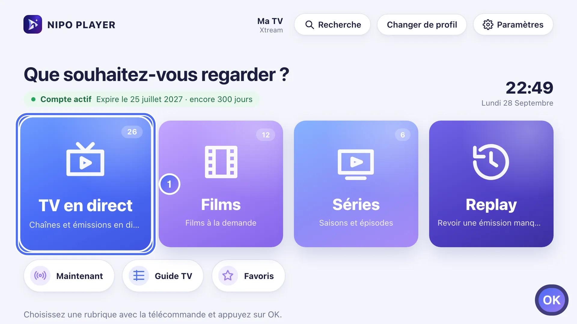 Accueil de Nipo Player, la porte TV en direct est sélectionnée