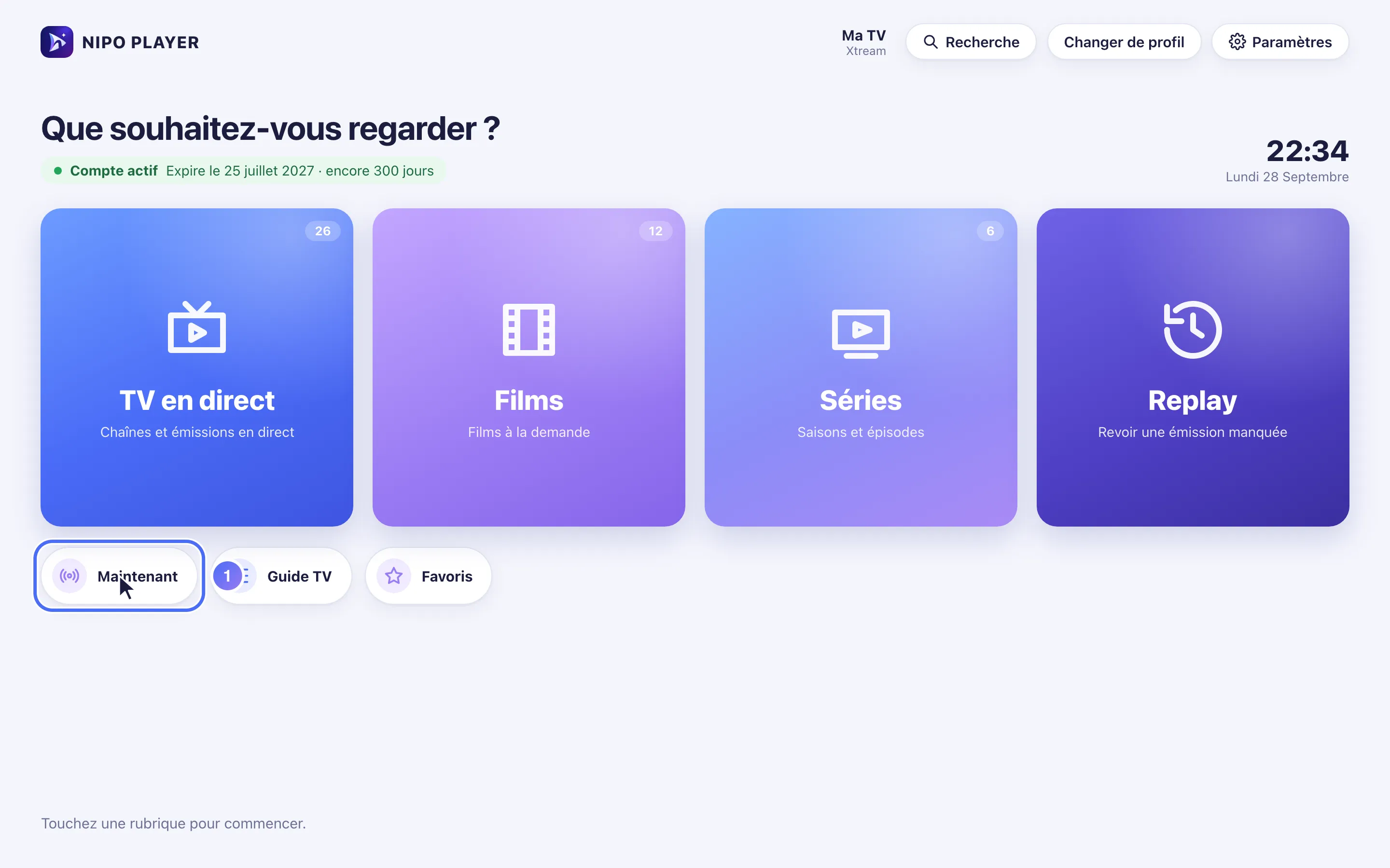 Accueil de Nipo Player avec le raccourci Maintenant