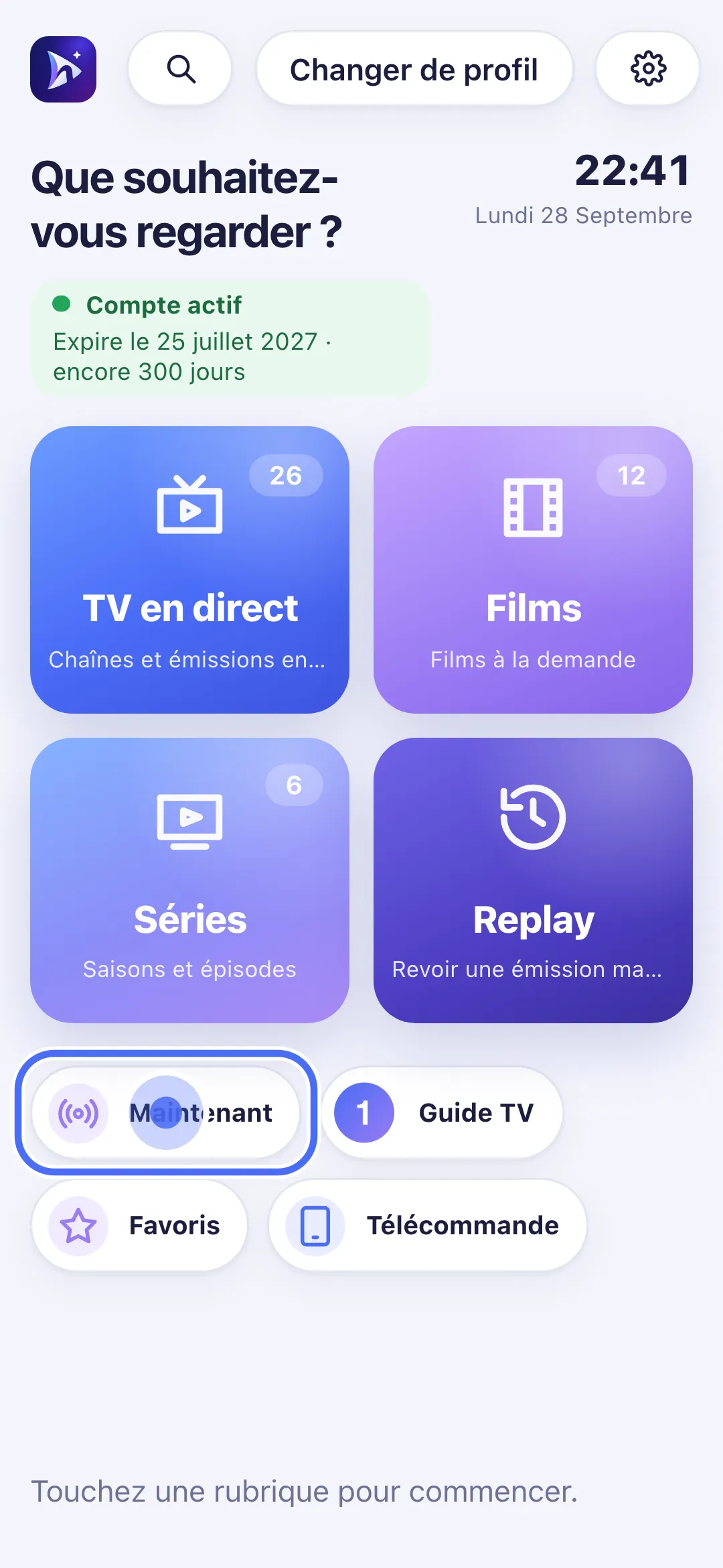 Accueil de Nipo Player avec le raccourci Maintenant