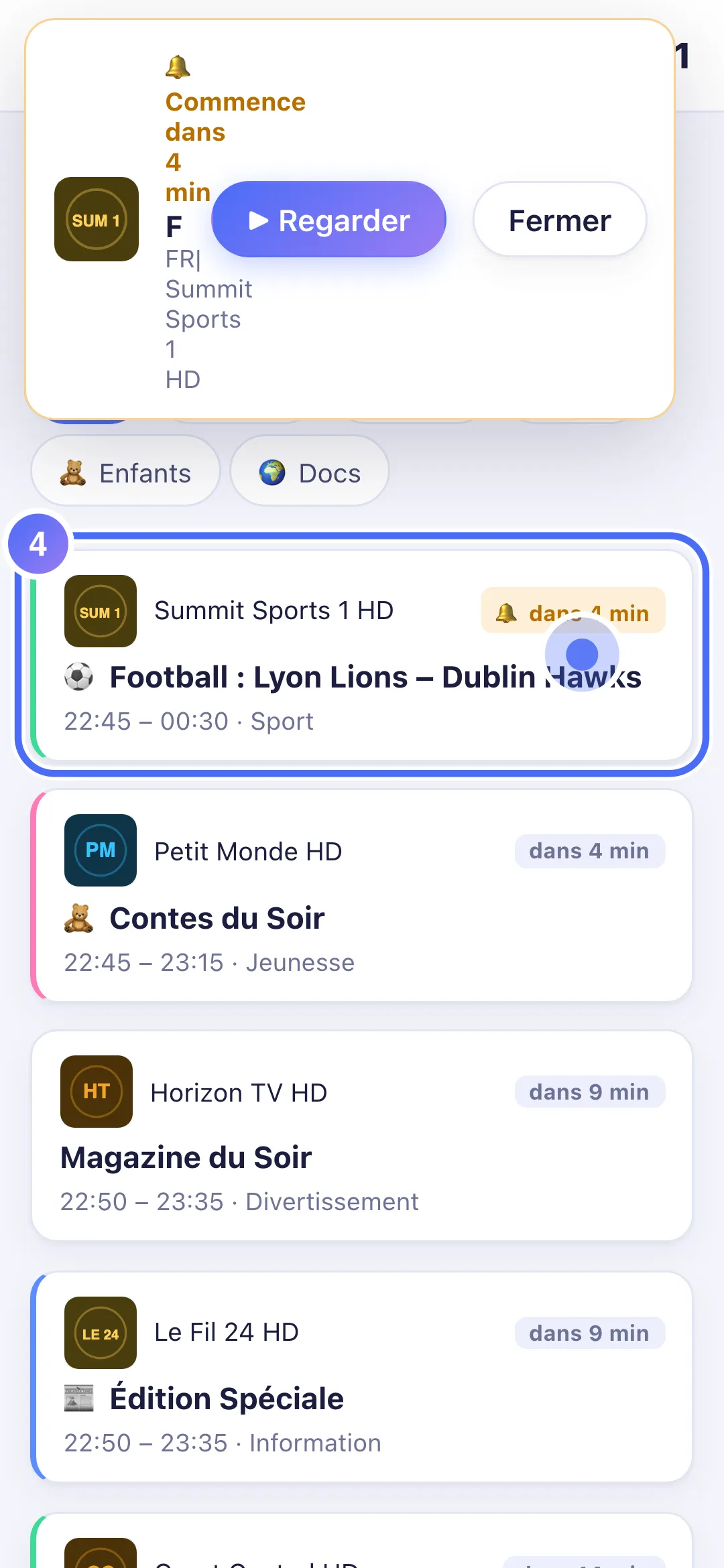 Programme à venir avec le badge de rappel actif
