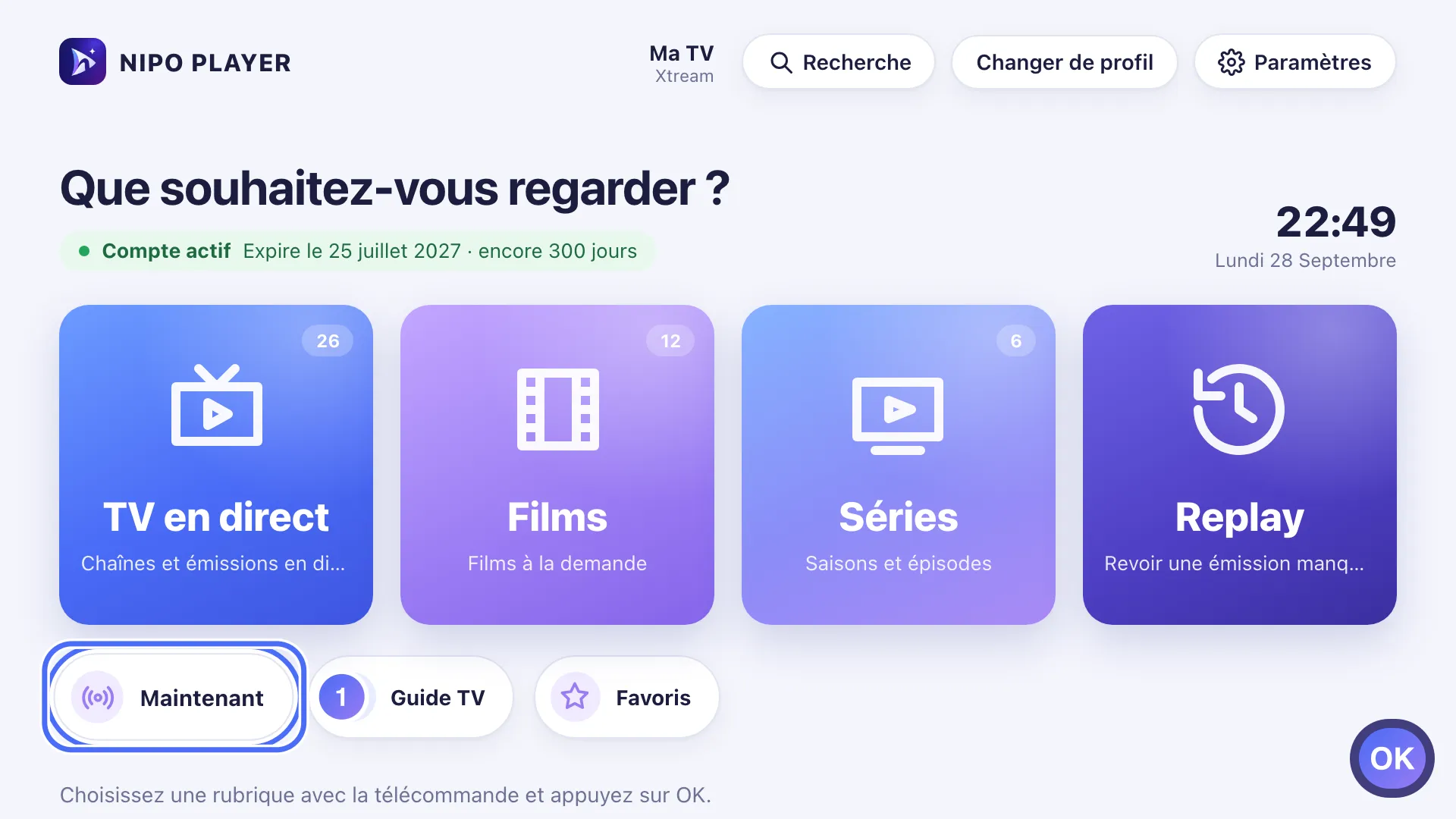 Accueil de Nipo Player, le raccourci Maintenant est sélectionné