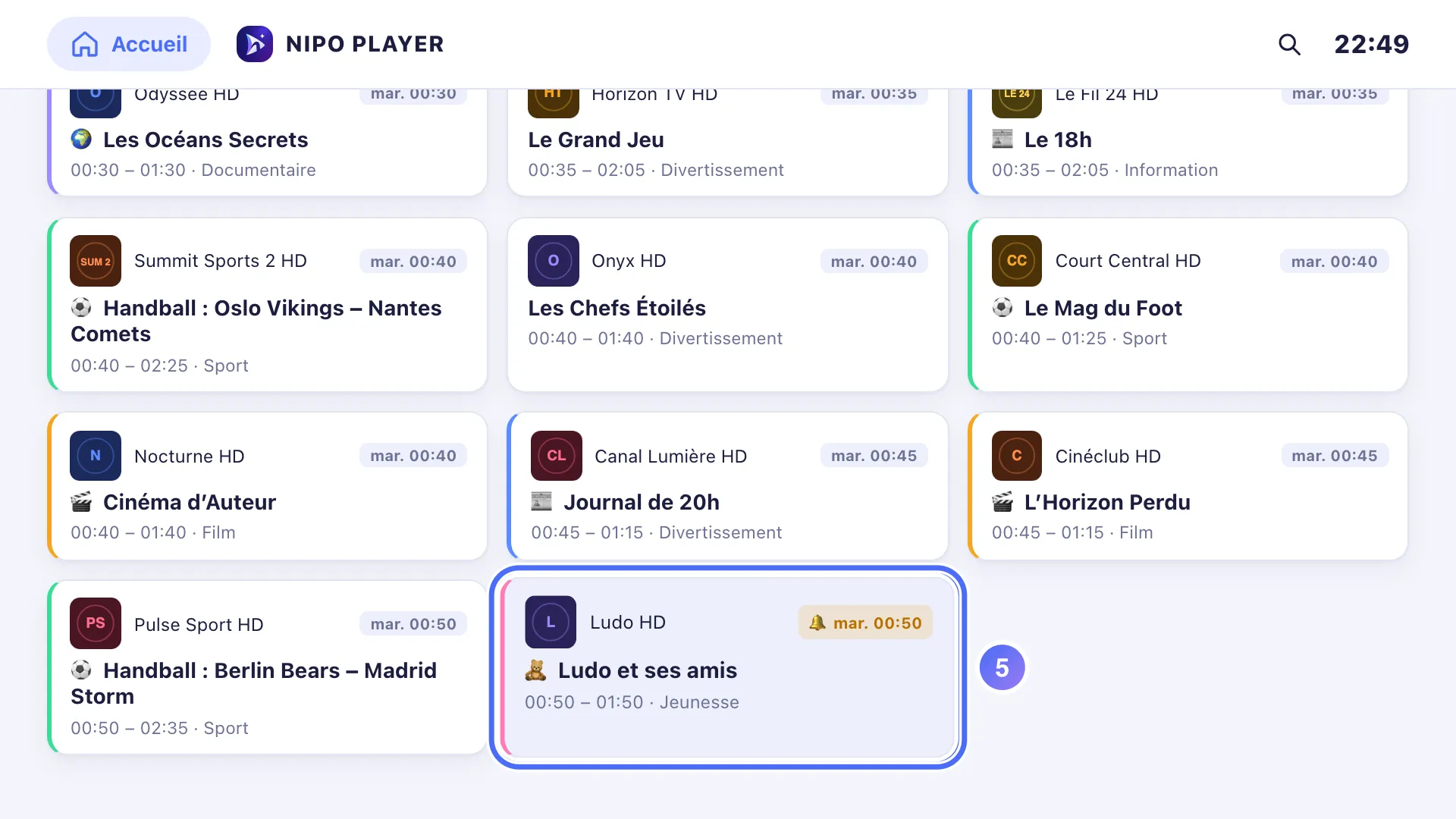 Liste des programmes à venir, le programme choisi porte un repère 🔔