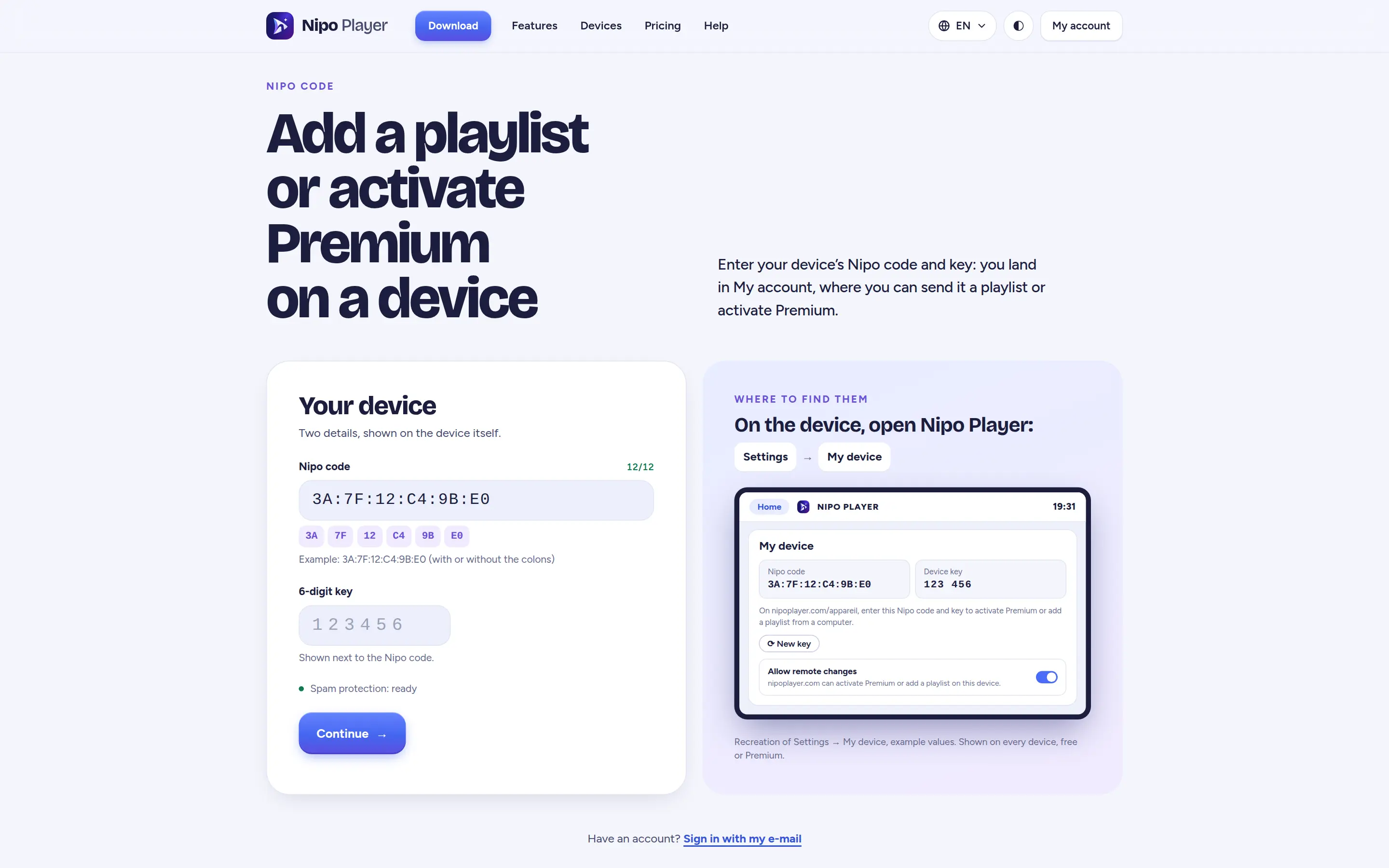 La página /appareil del sitio: enviar una playlist con el Código Nipo
