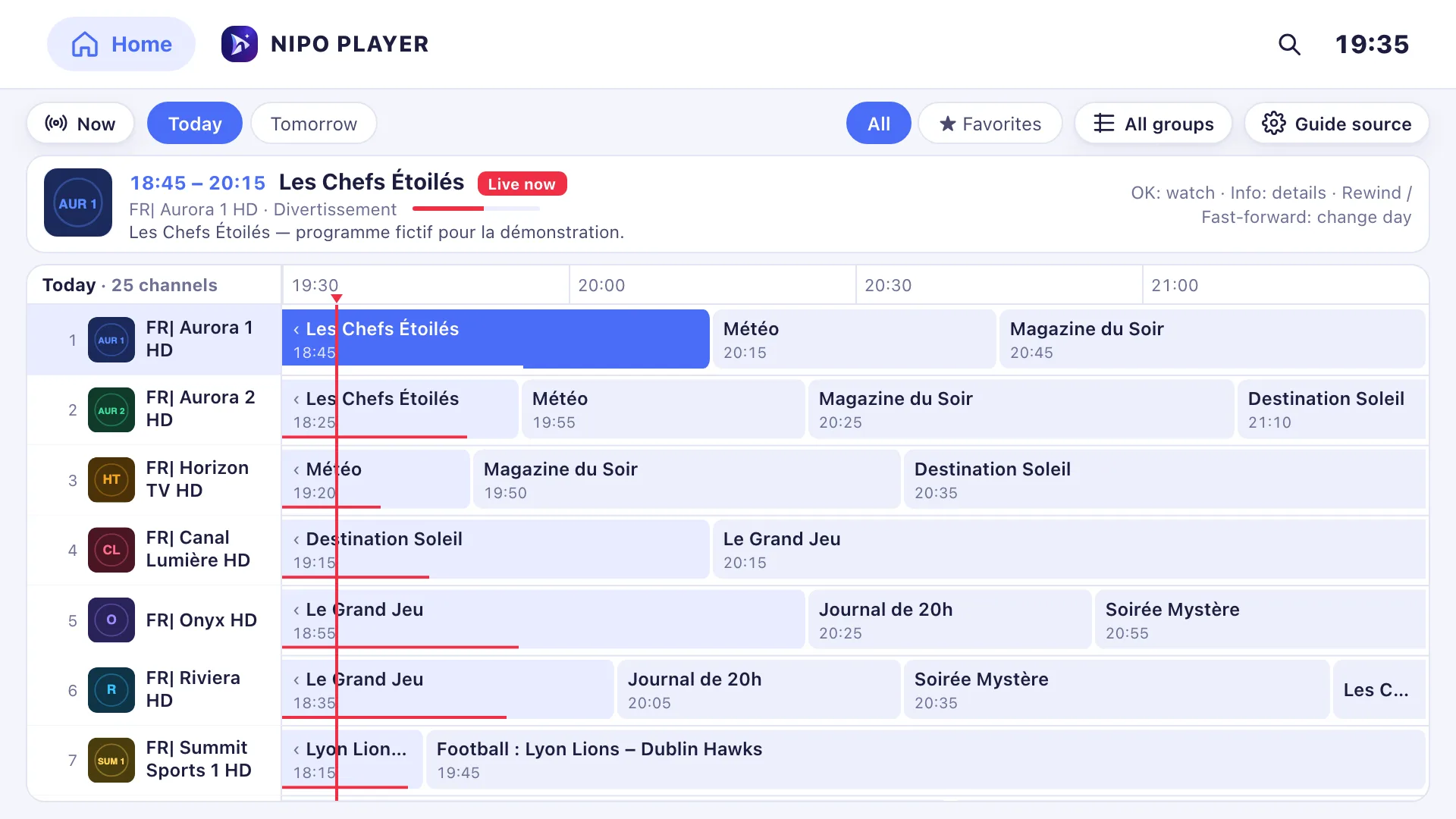 Guía de TV en cuadrícula, con canales y horarios