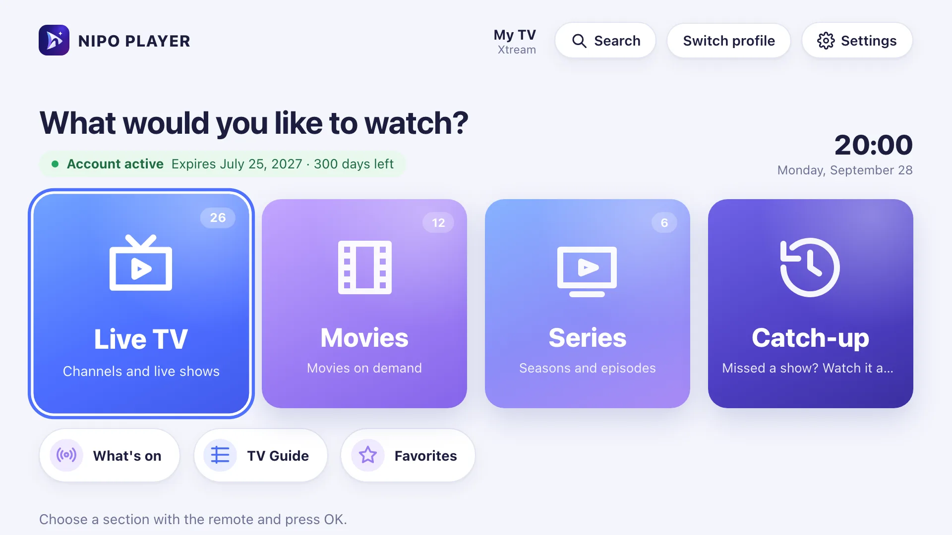 Inicio de Nipo Player en un televisor: Live TV, Movies, Series, Catch-up