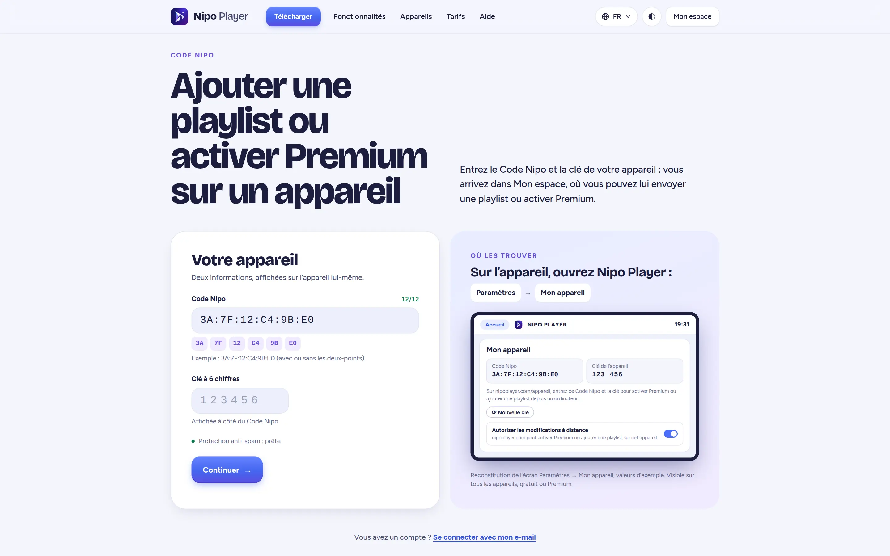 Page /appareil du site : envoyer une playlist par Code Nipo