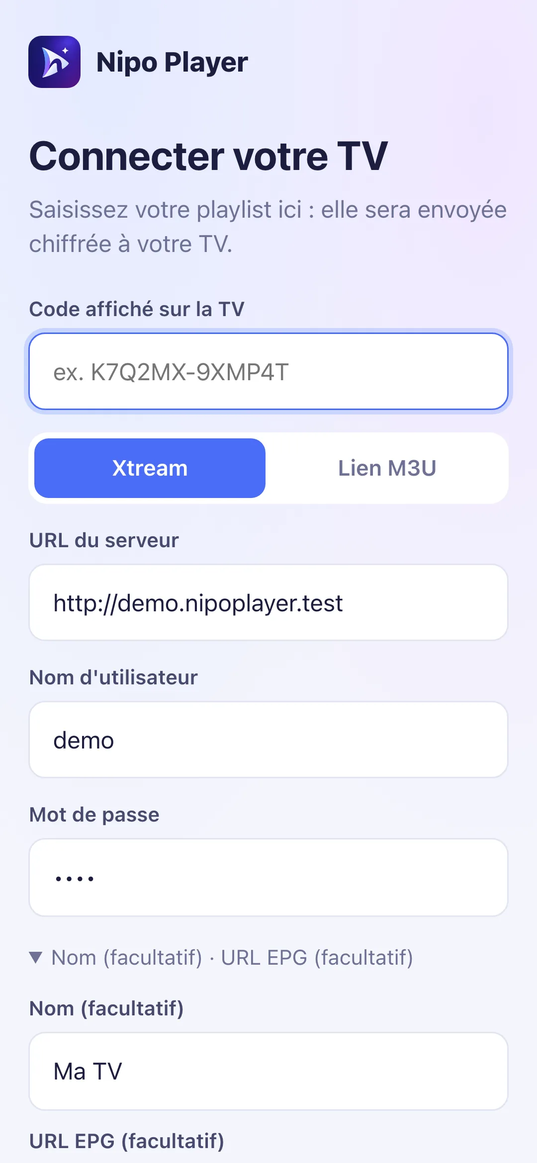 Page d’appairage sur le téléphone : saisie de la playlist
